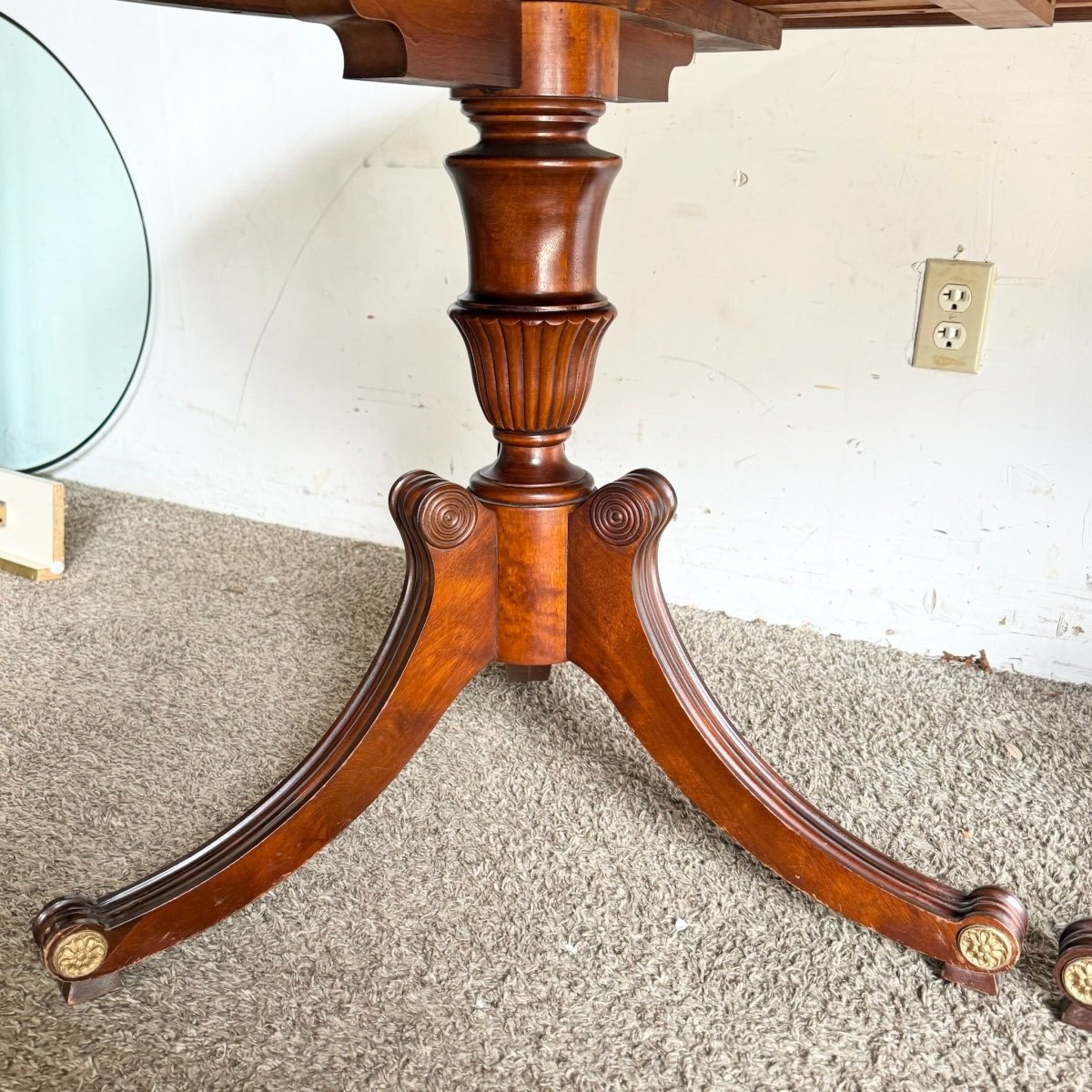 1940s Federal Flamed Mahogany Dining Table With Glass Top by Rway - Dolphin & Flamingo