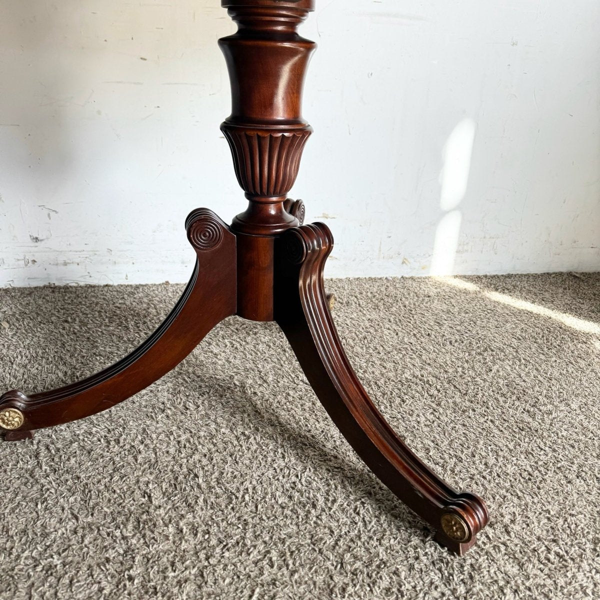 1940s Federal Flamed Mahogany Dining Table With Glass Top by Rway - Dolphin & Flamingo