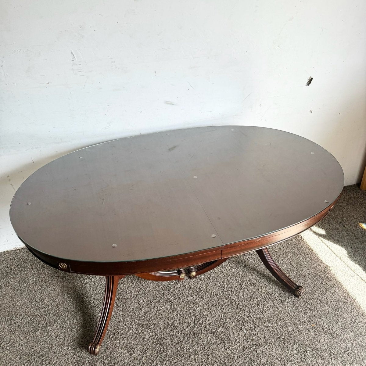 1940s Federal Flamed Mahogany Dining Table With Glass Top by Rway - Dolphin & Flamingo
