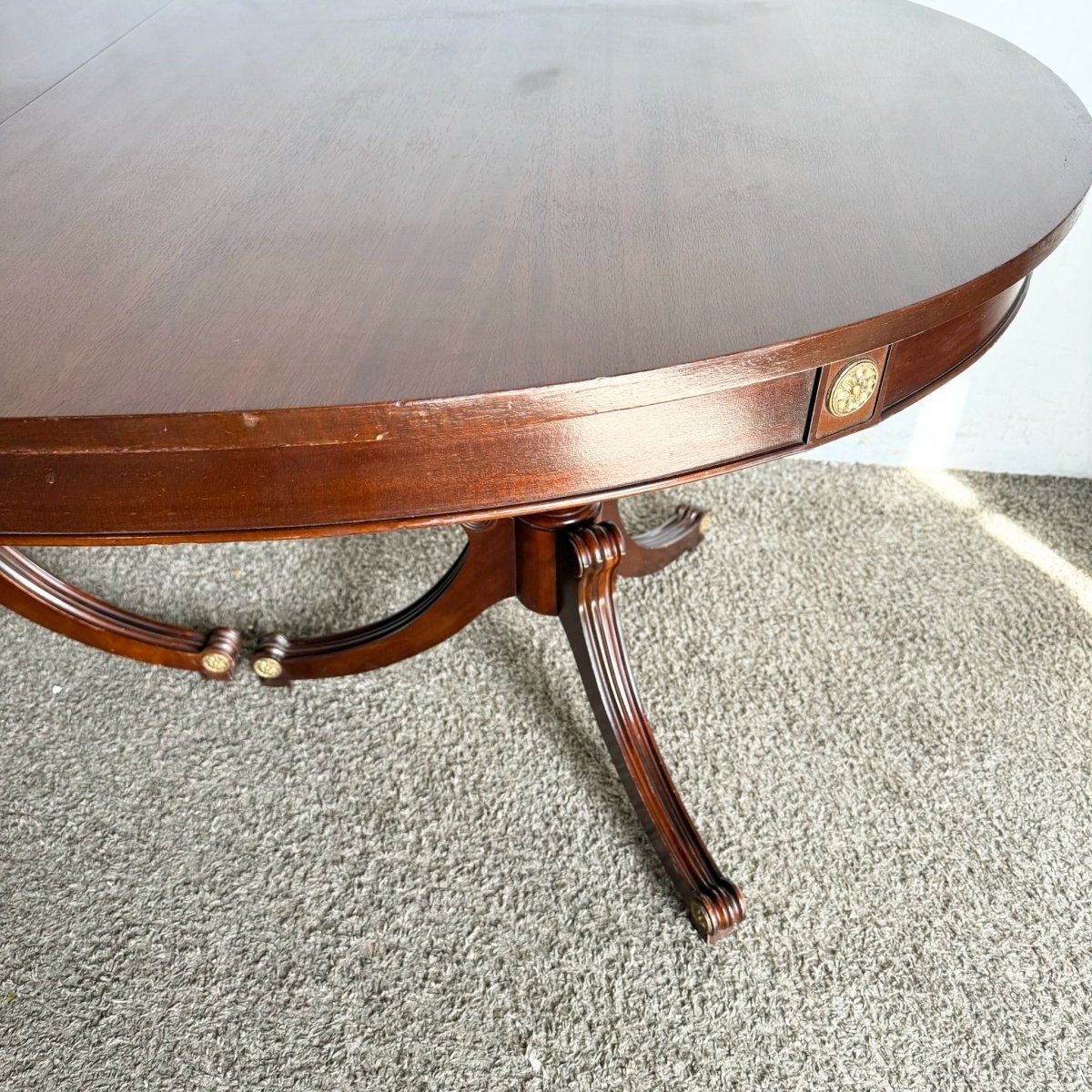 1940s Federal Flamed Mahogany Dining Table With Glass Top by Rway - Dolphin & Flamingo