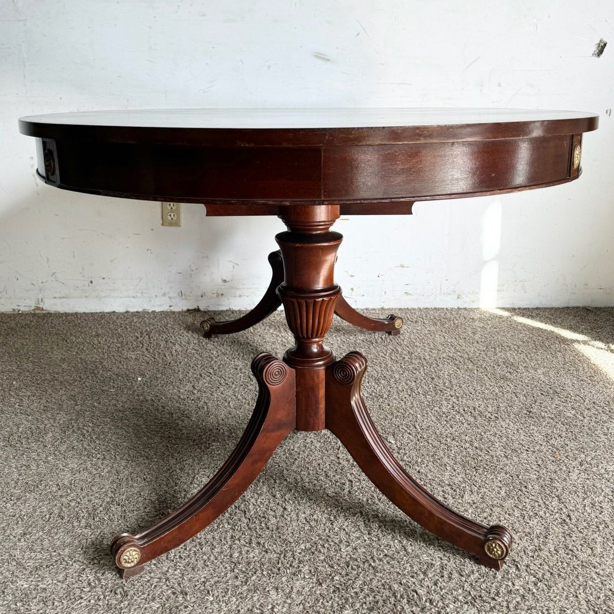1940s Federal Flamed Mahogany Dining Table With Glass Top by Rway - Dolphin & Flamingo
