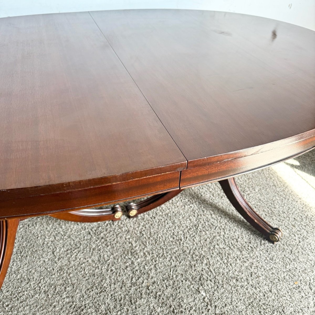 1940s Federal Flamed Mahogany Dining Table With Glass Top by Rway - Dolphin & Flamingo