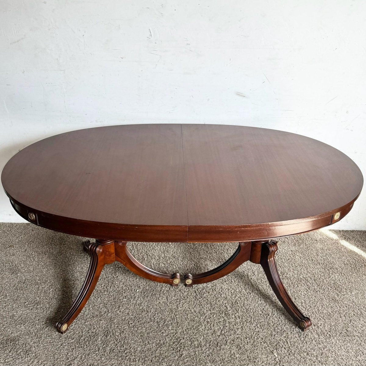 1940s Federal Flamed Mahogany Dining Table With Glass Top by Rway - Dolphin & Flamingo