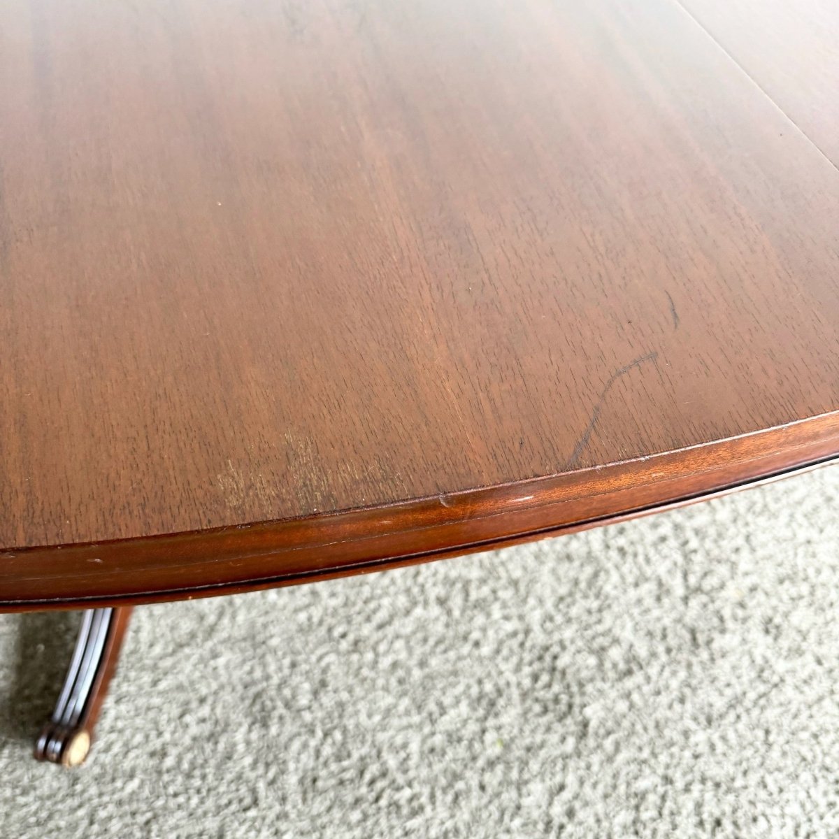 1940s Federal Flamed Mahogany Dining Table With Glass Top by Rway - Dolphin & Flamingo
