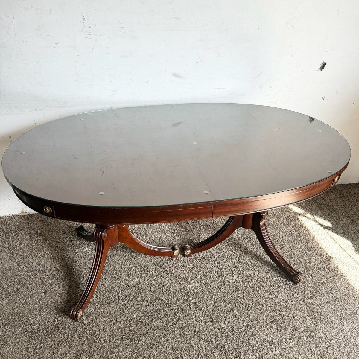 1940s Federal Flamed Mahogany Dining Table With Glass Top by Rway - Dolphin & Flamingo