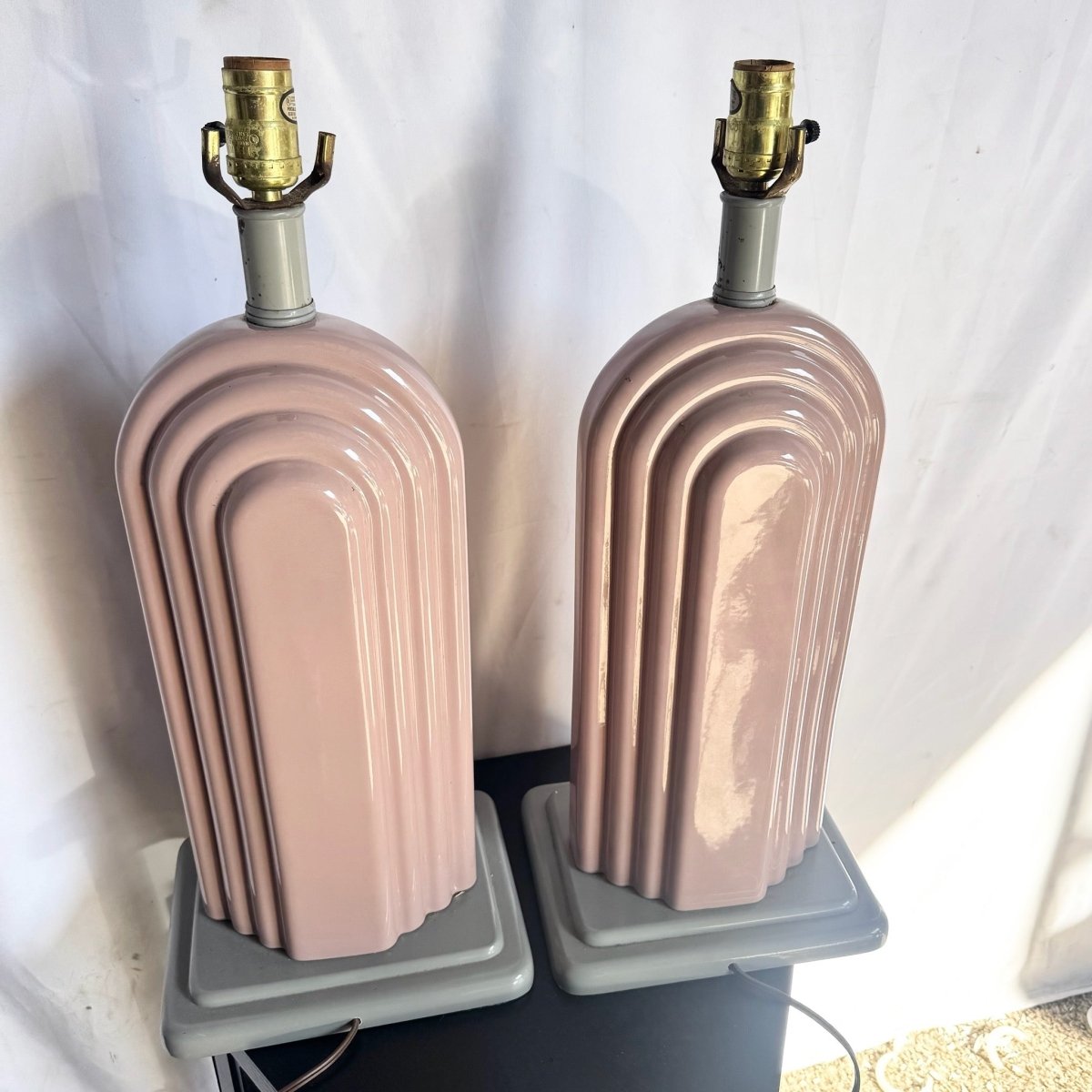 1980s Vintage Art Deco Draped Pink Ceramic Table Lamps - A Pair - Dolphin & Flamingo