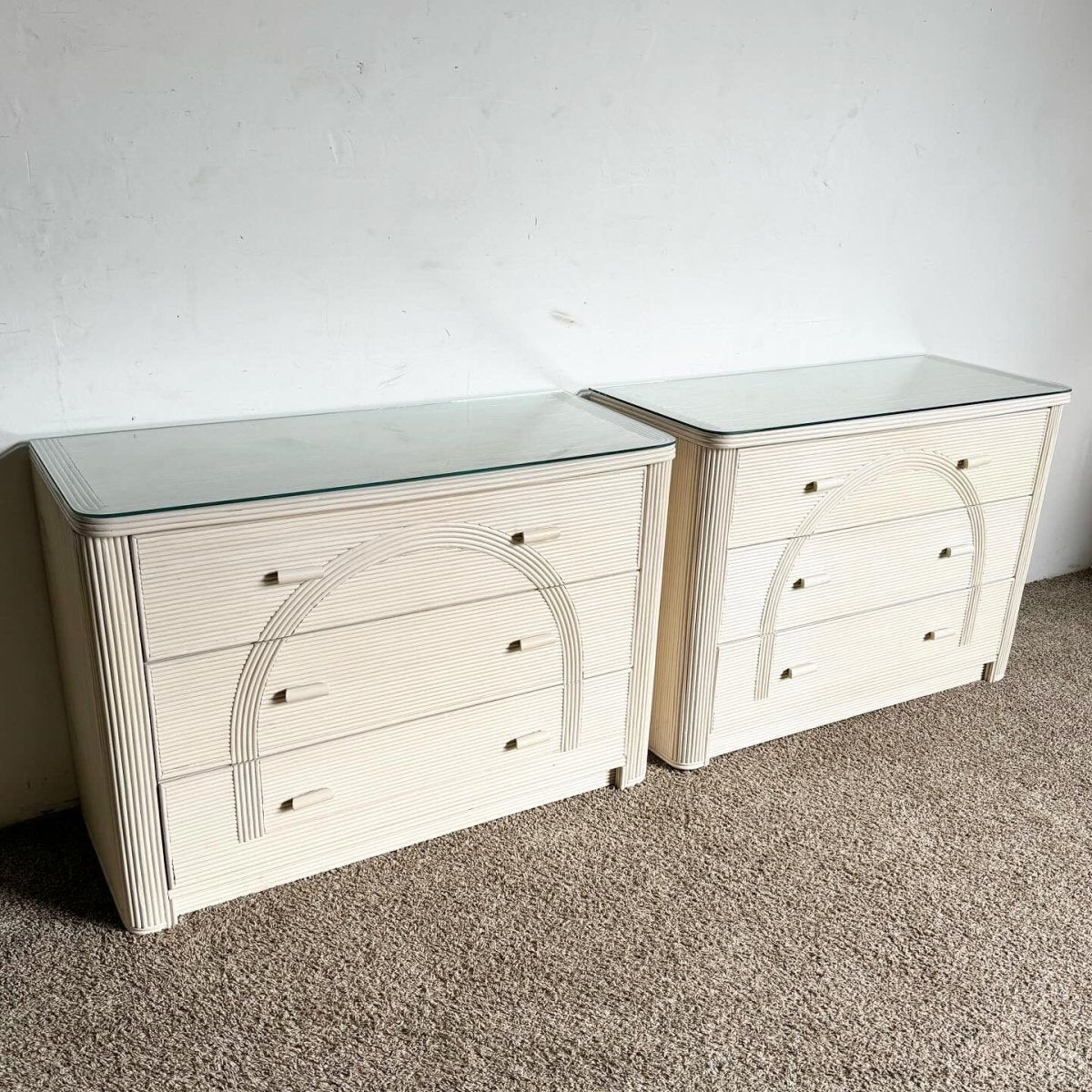 1990s Boho Chic Pencil Reed Glass Top Chests of Drawers - a Pair - Dolphin & Flamingo