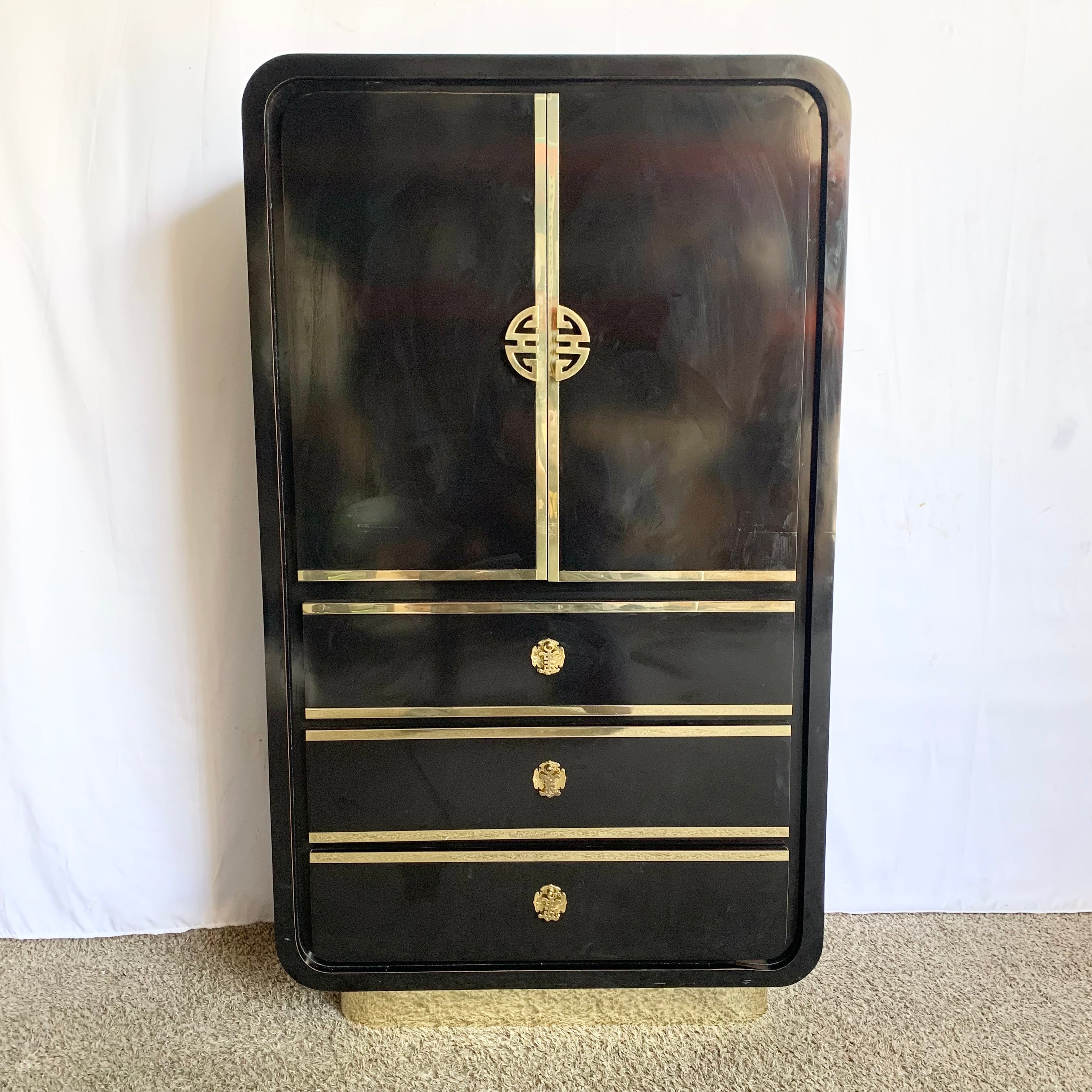 Postmodern Chinoiserie Black Lacquer Laminate Waterfall Armoire With Gold Accents