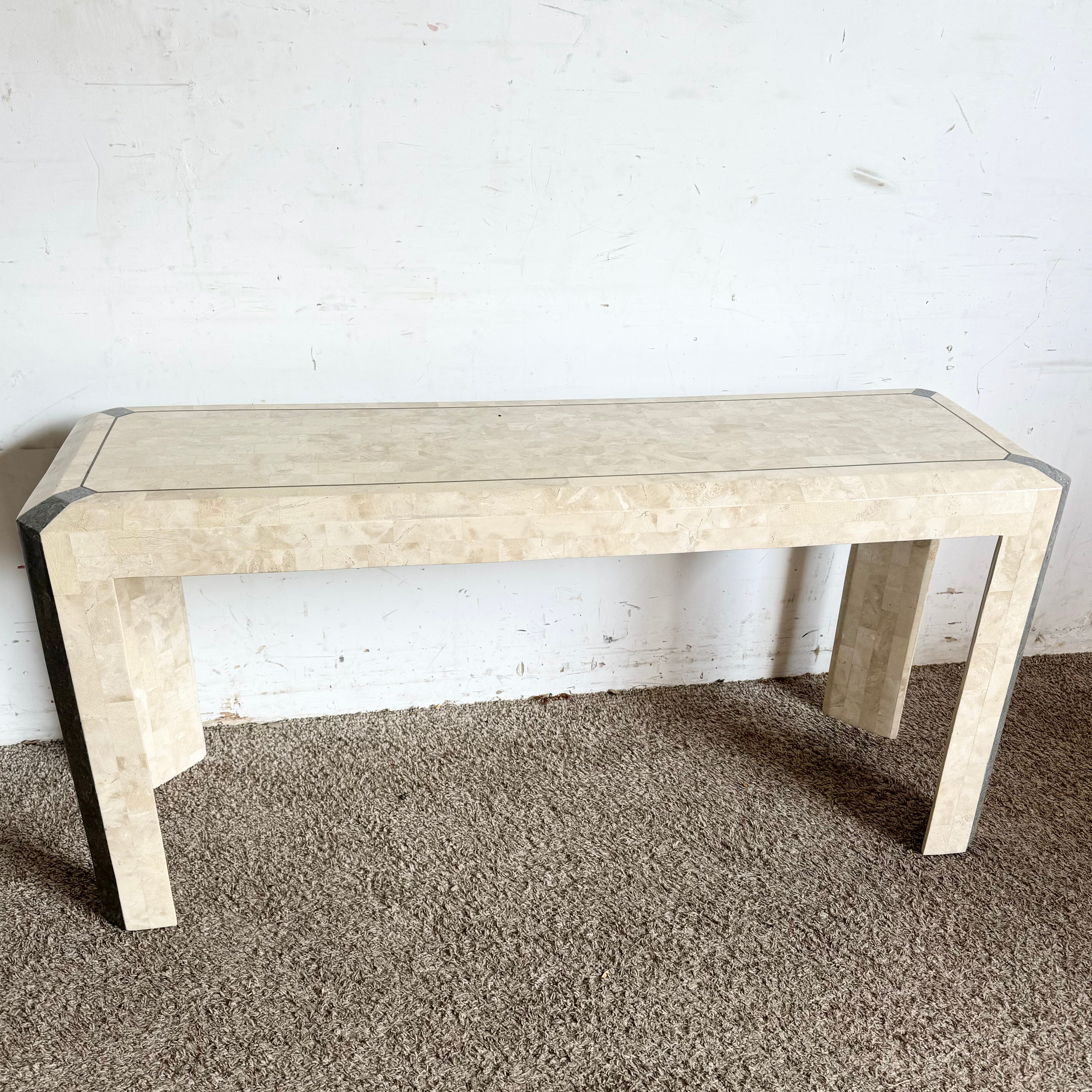 Postmodern Polished Tessellated Stone/Shell Console Table With Brass Inlay