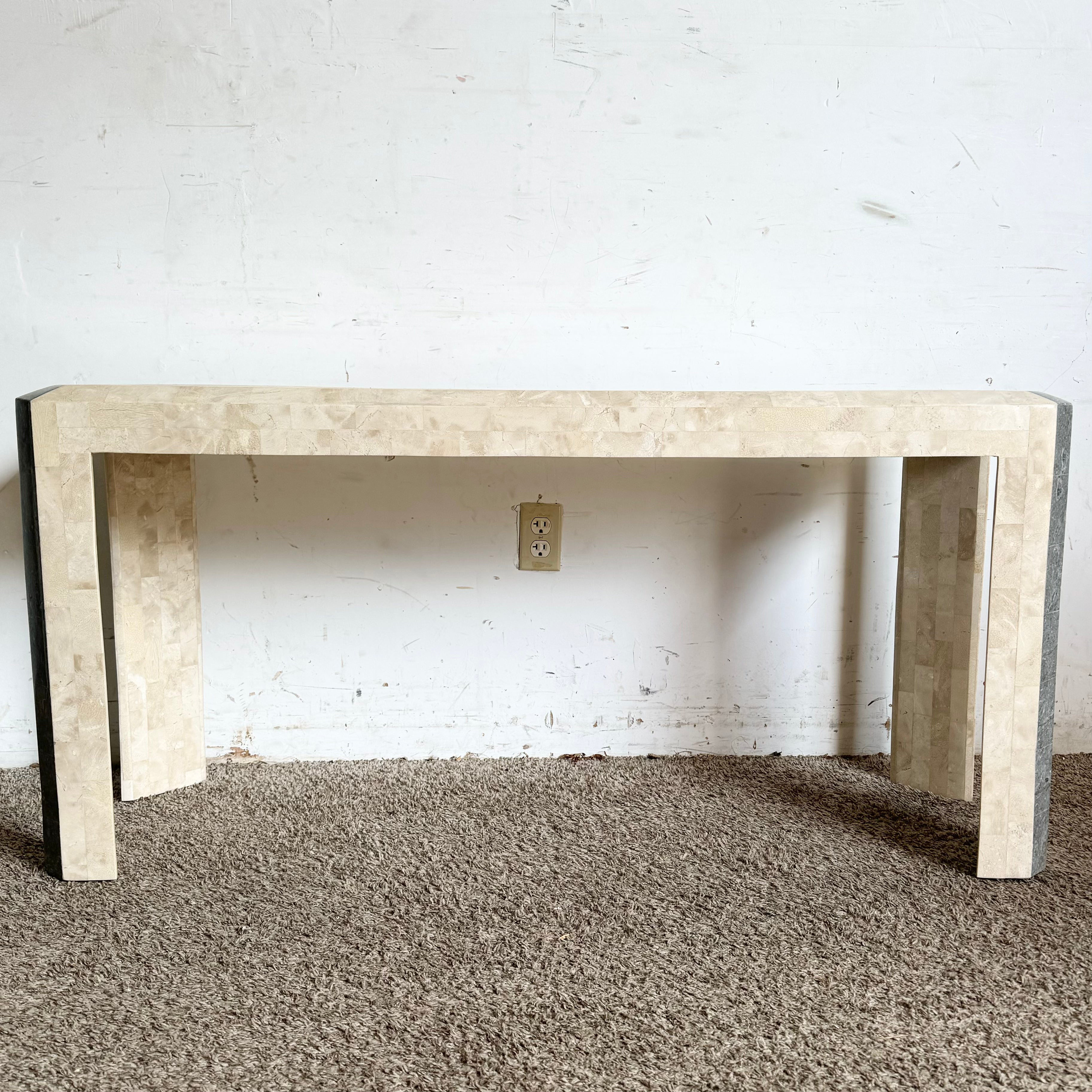 Postmodern Polished Tessellated Stone/Shell Console Table With Brass Inlay
