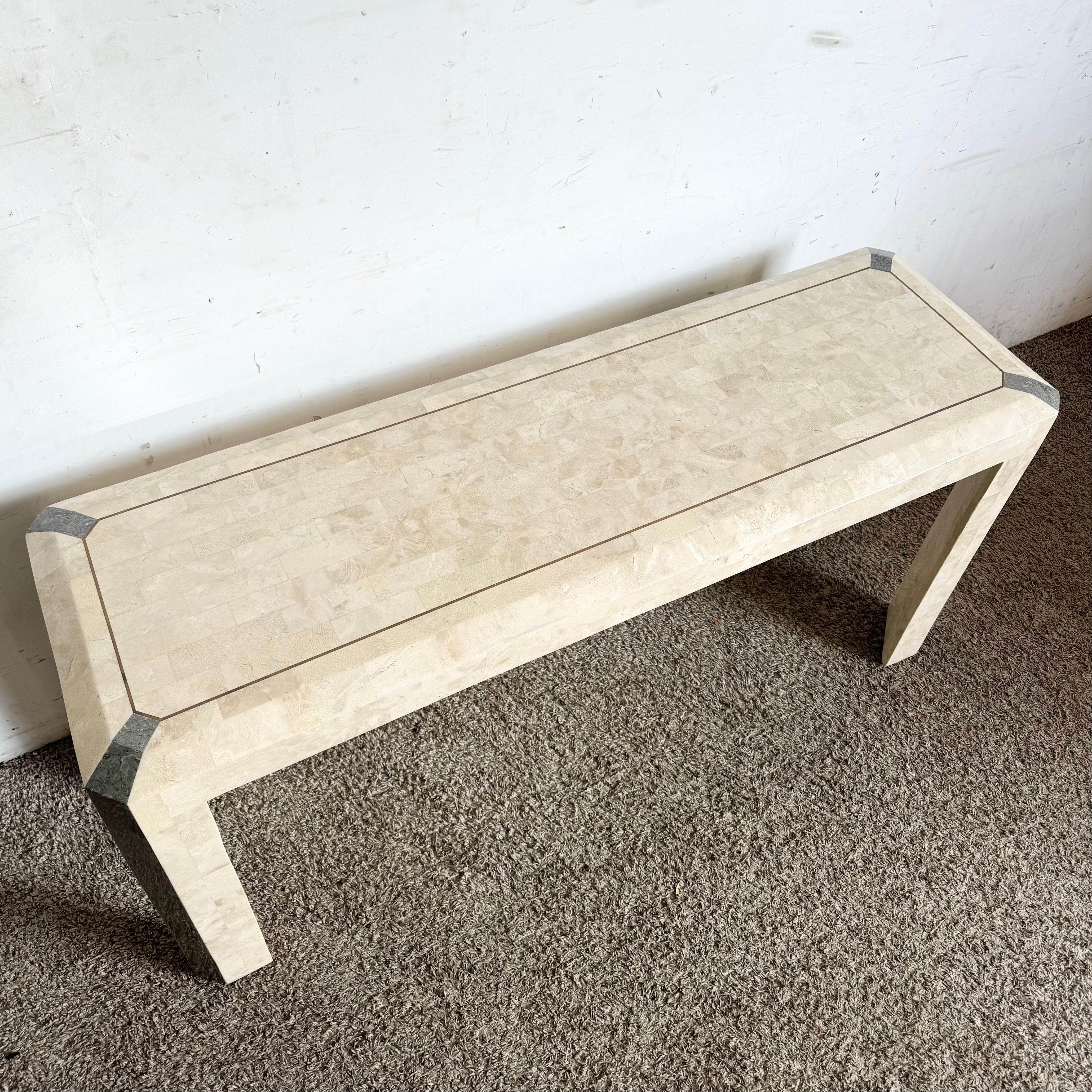 Postmodern Polished Tessellated Stone/Shell Console Table With Brass Inlay