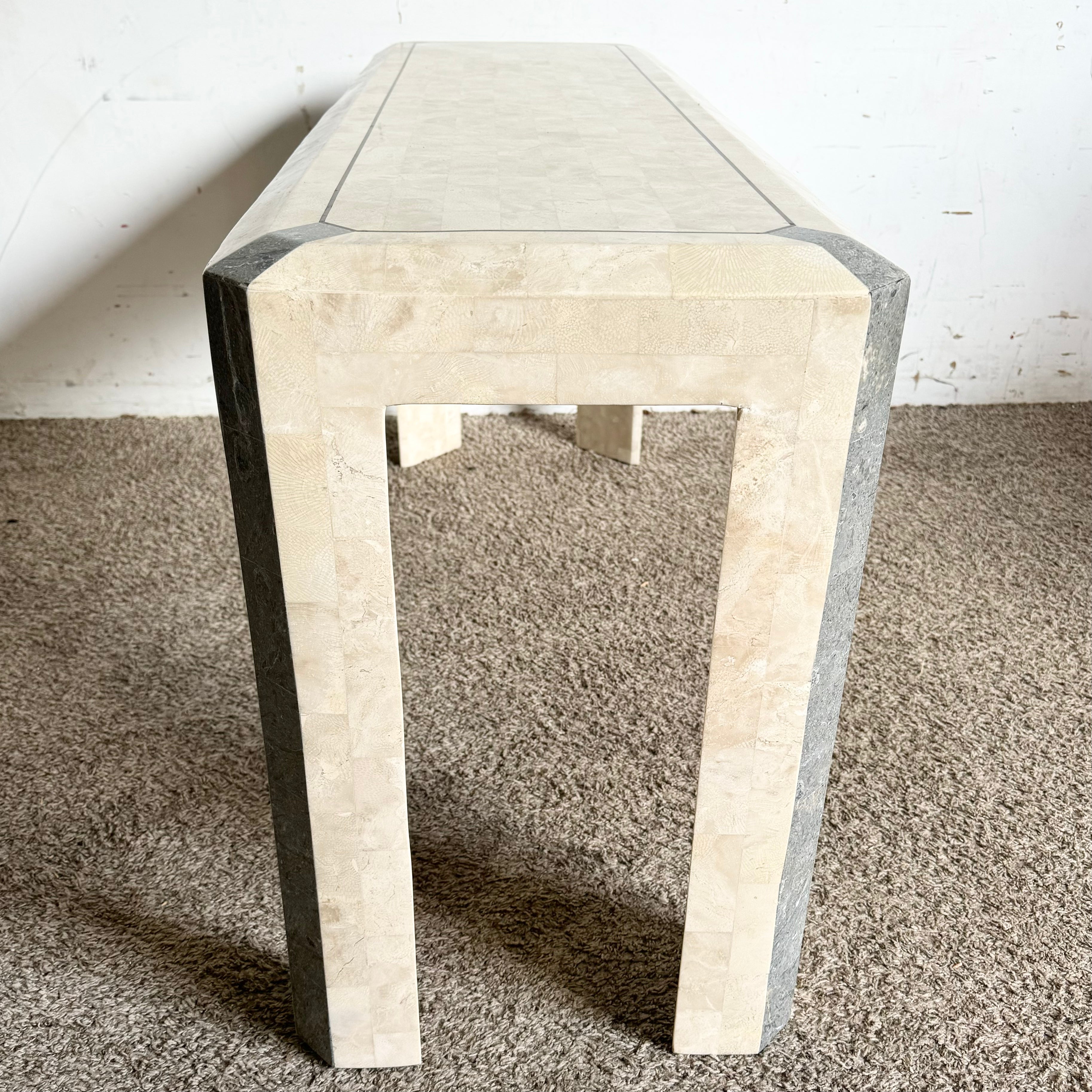 Postmodern Polished Tessellated Stone/Shell Console Table With Brass Inlay
