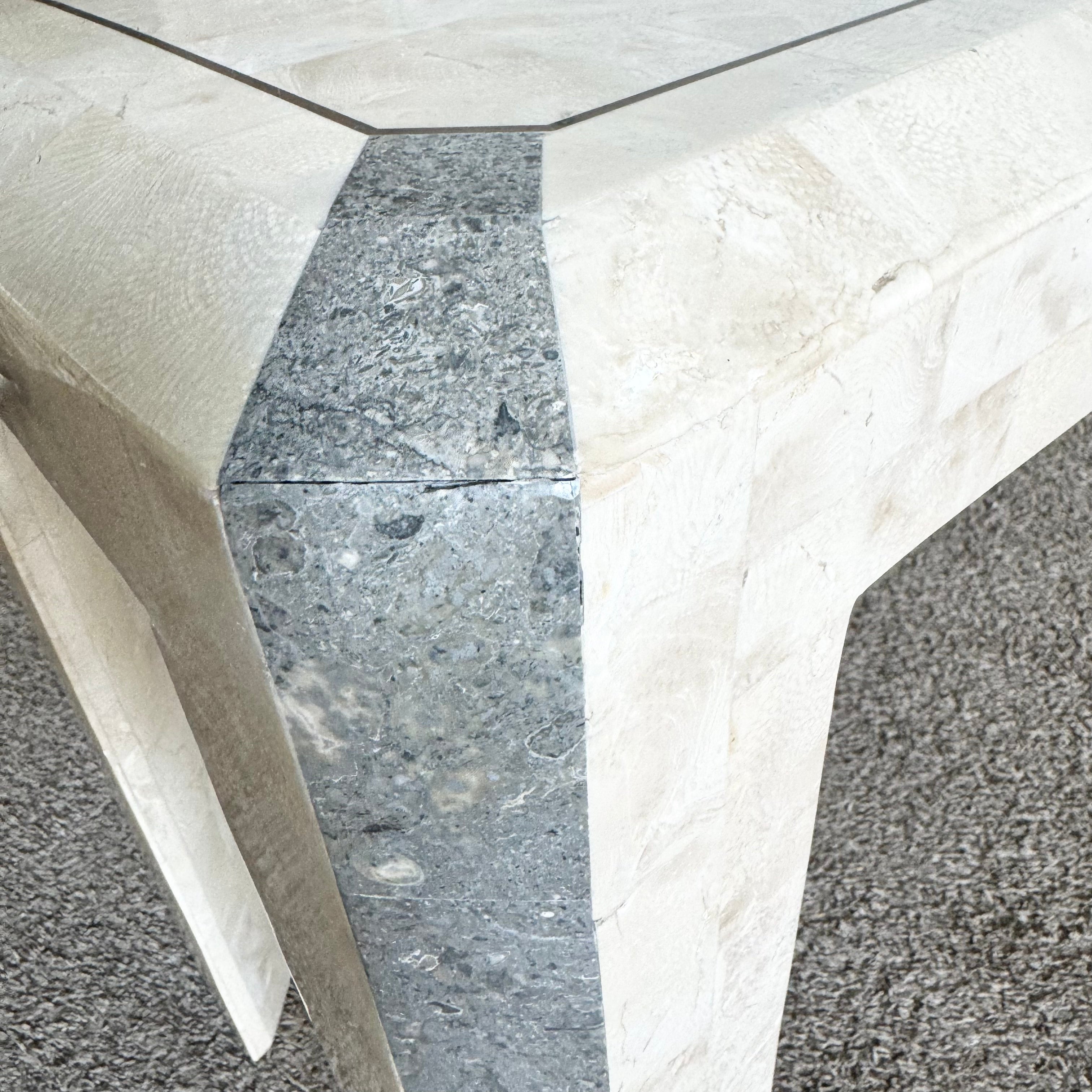 Postmodern Polished Tessellated Stone/Shell Console Table With Brass Inlay