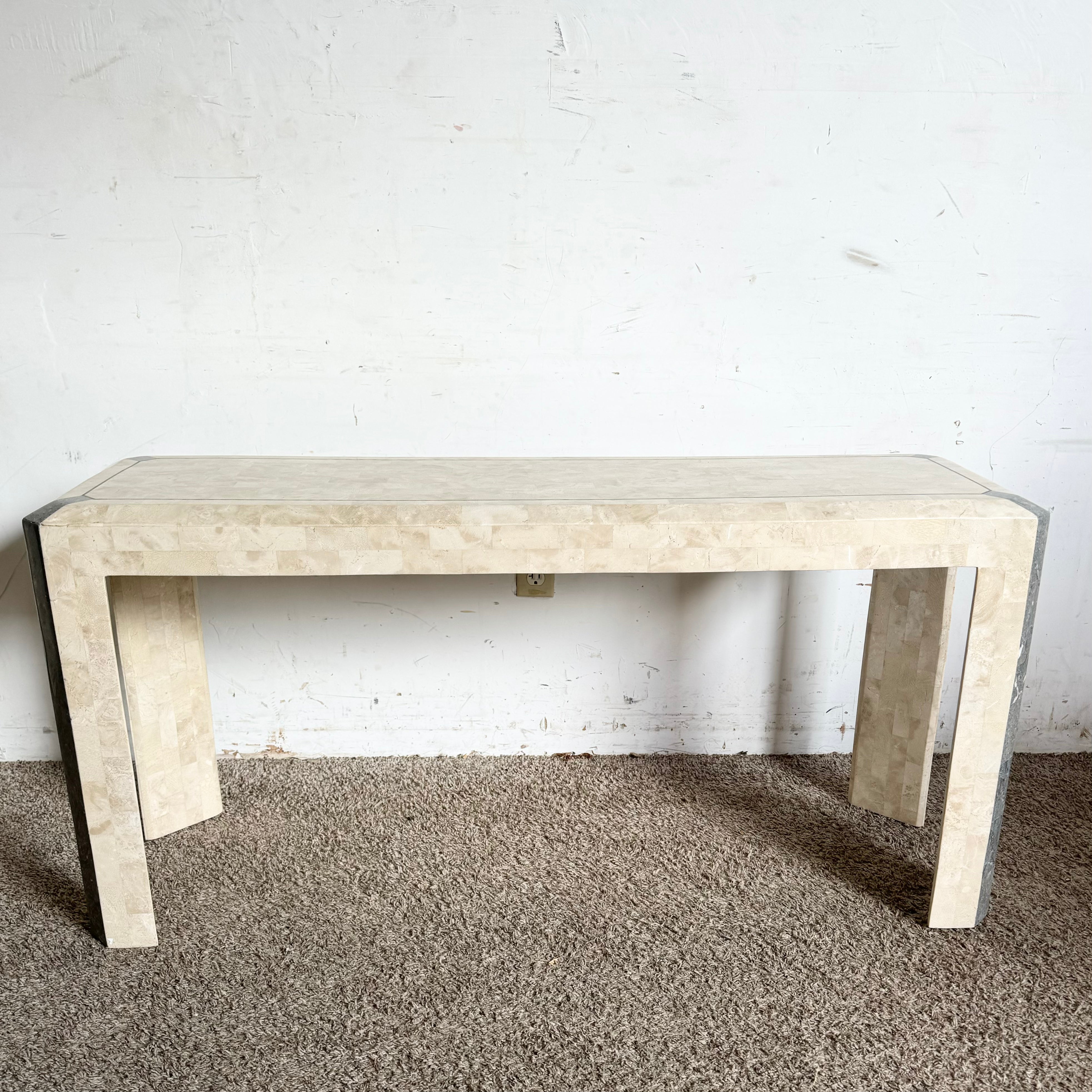 Postmodern Polished Tessellated Stone/Shell Console Table With Brass Inlay