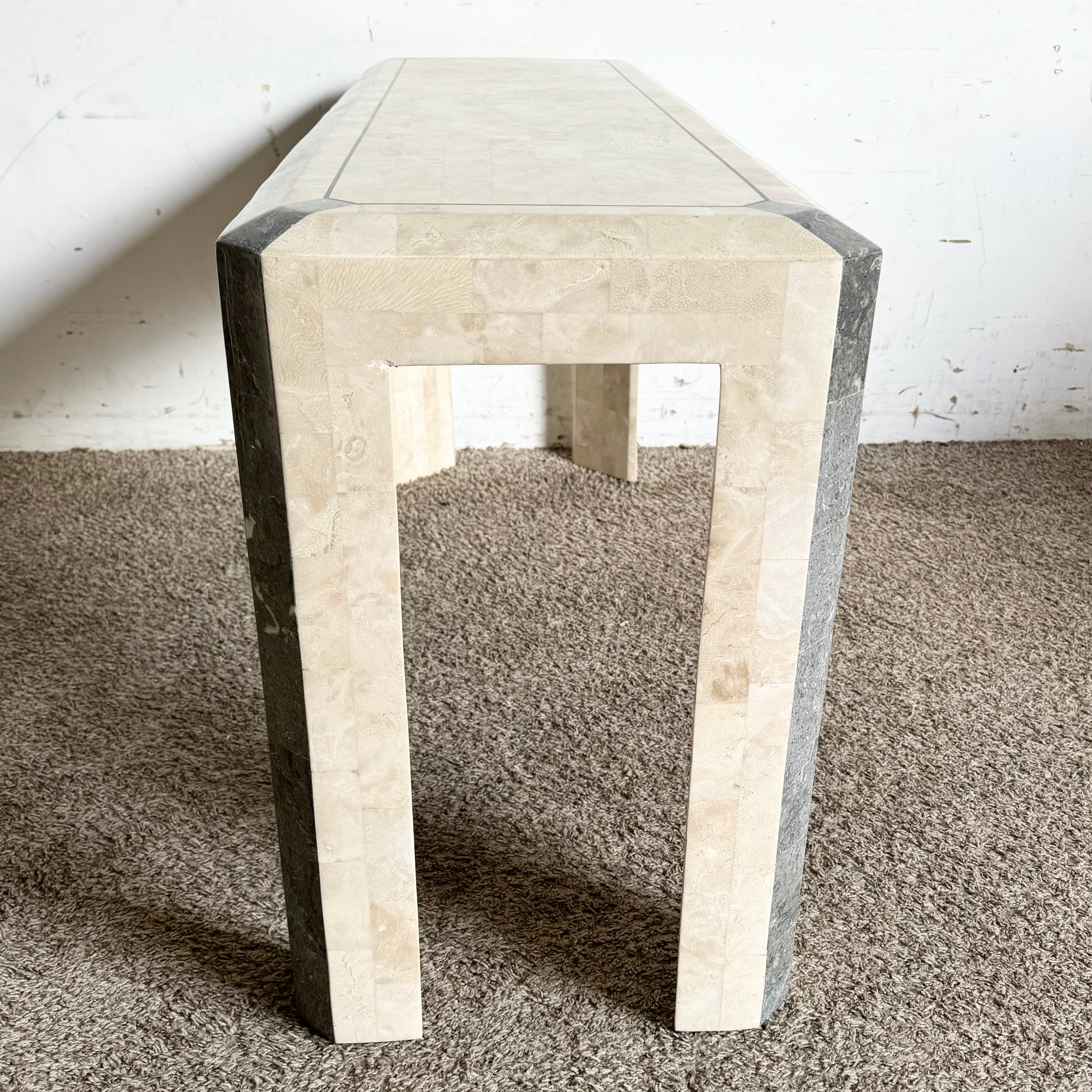 Postmodern Polished Tessellated Stone/Shell Console Table With Brass Inlay