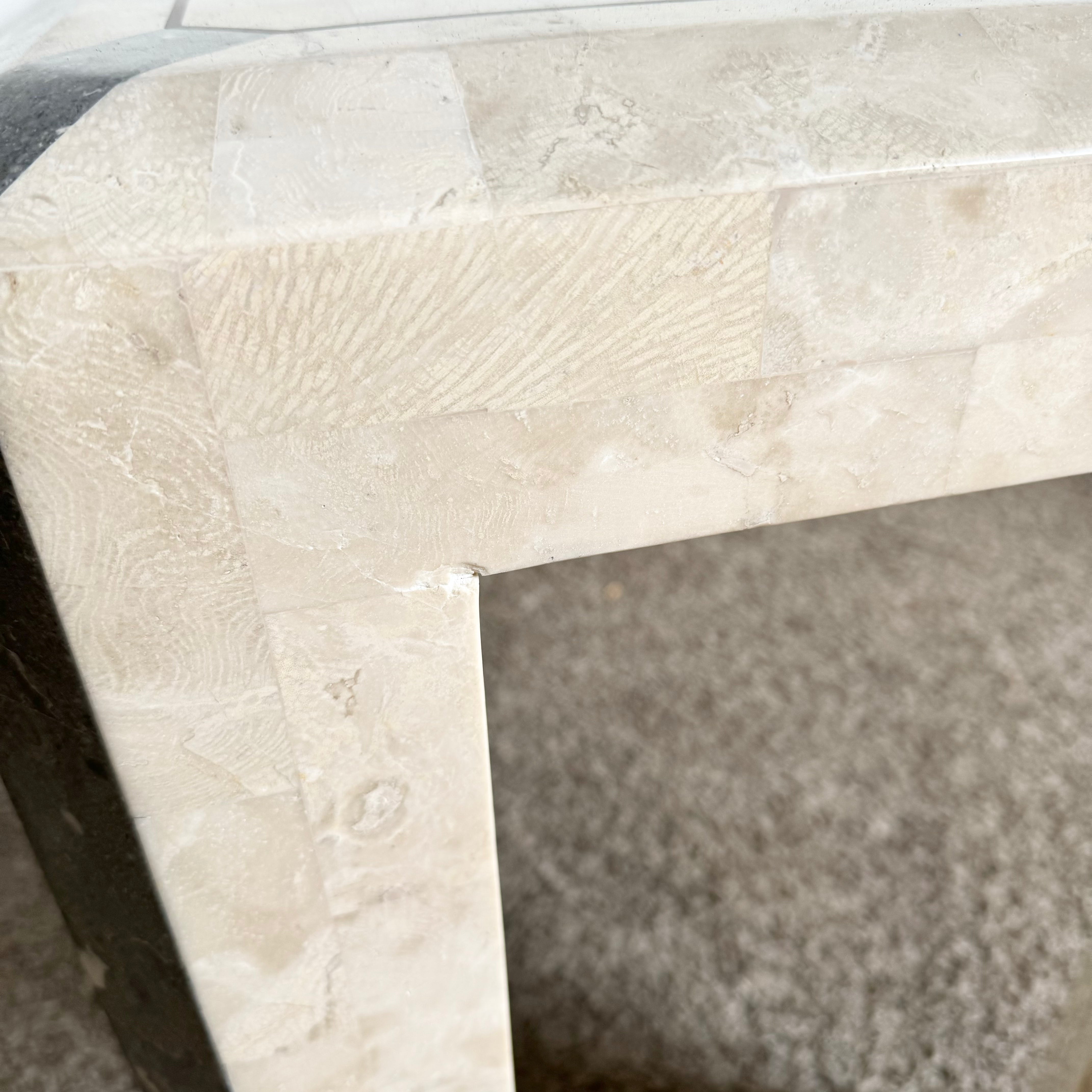 Postmodern Polished Tessellated Stone/Shell Console Table With Brass Inlay