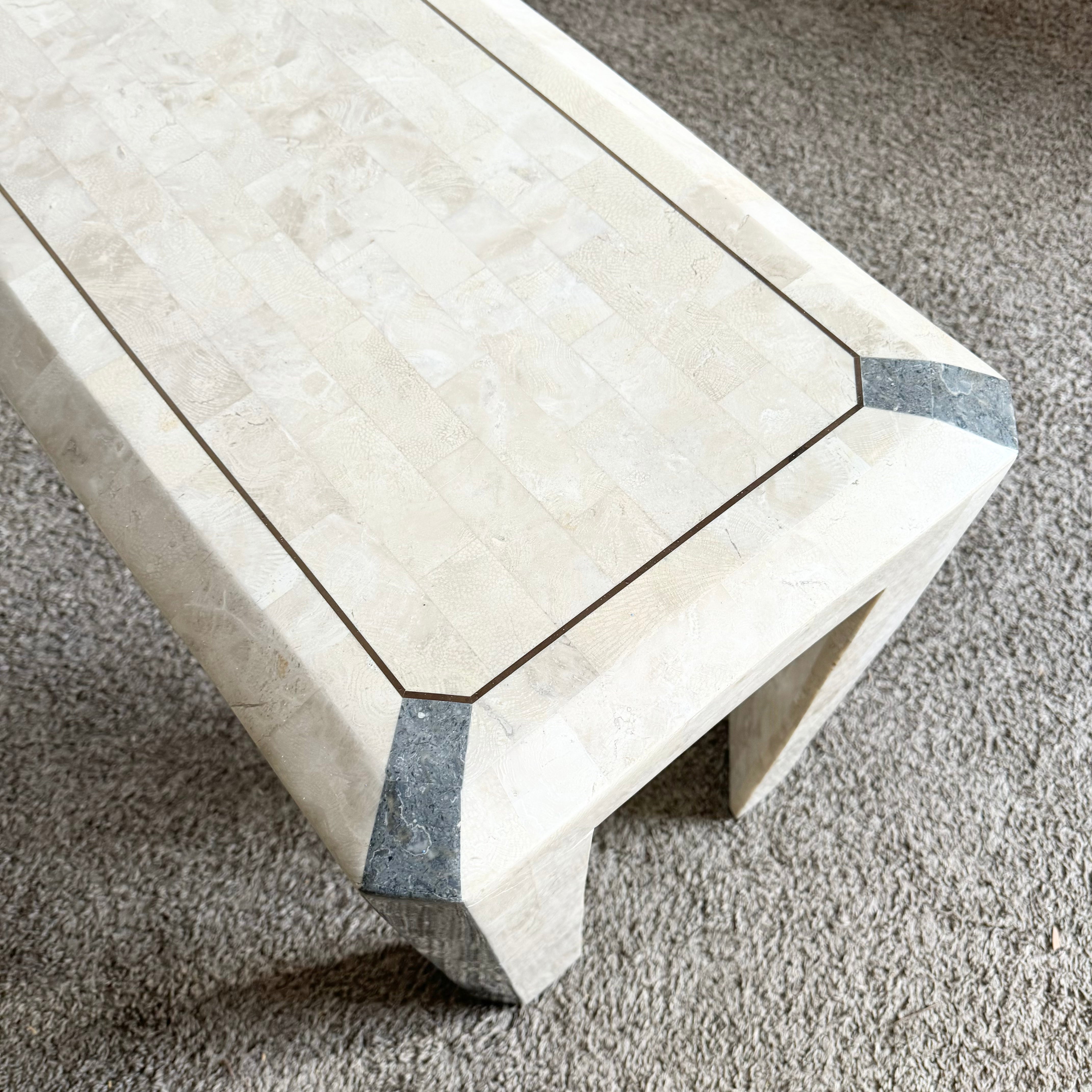 Postmodern Polished Tessellated Stone/Shell Console Table With Brass Inlay