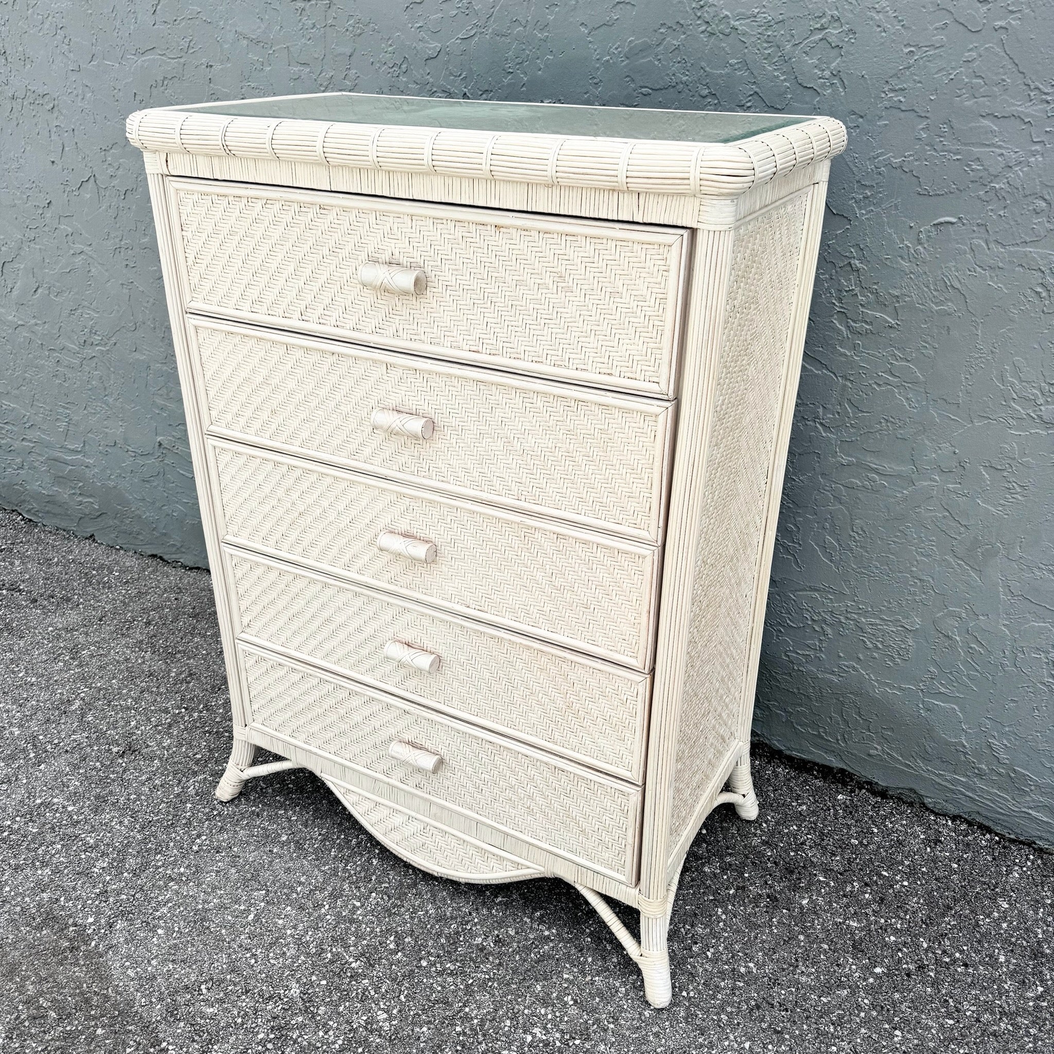 Vintage Boho Chic Wicker Highboy Dresser Coastal Rattan Style – Dolphin & Flamingo