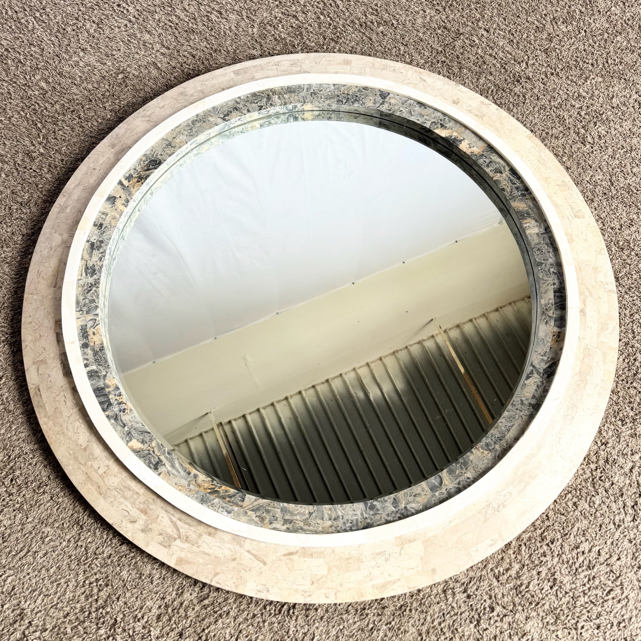 Postmodern Grey White and Tan Tessellated Stone Circular Wall Mirror