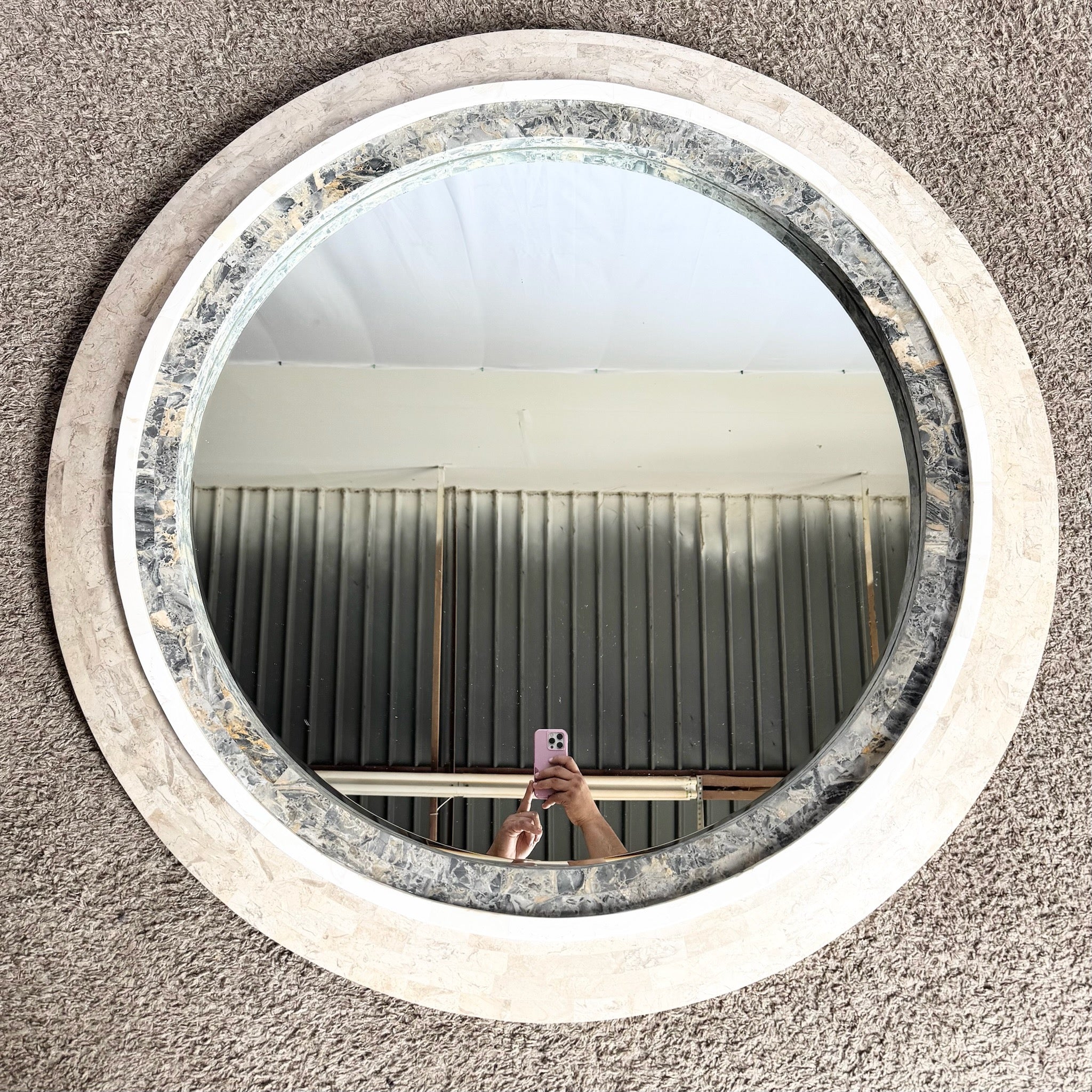 Postmodern Grey White and Tan Tessellated Stone Circular Wall Mirror