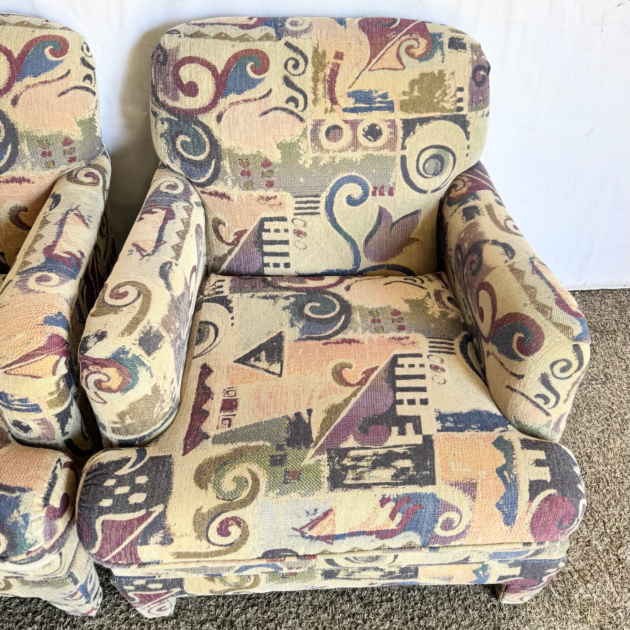 Postmodern Multi Colored Abstract Pattern Lounge Chairs - A Pair