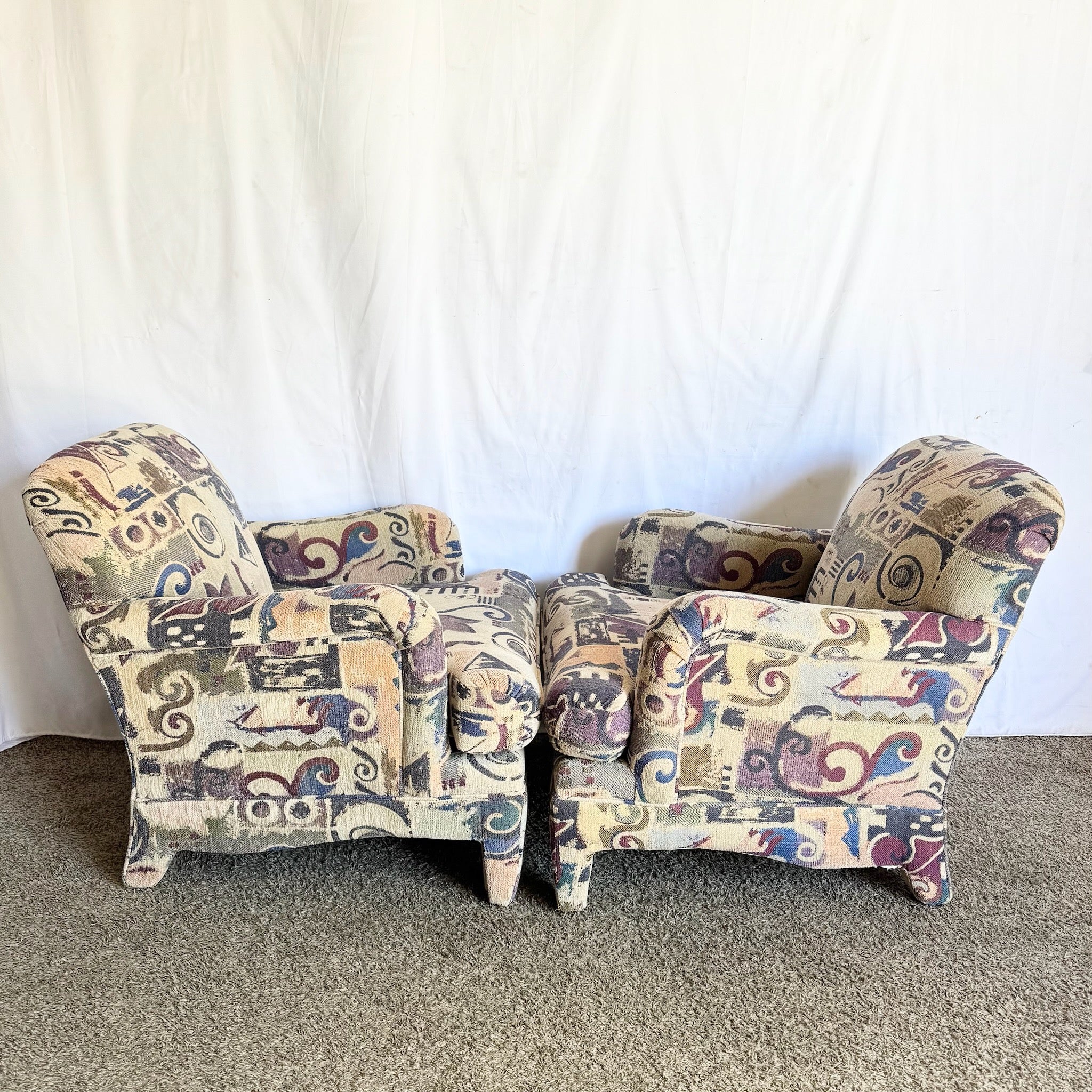 Postmodern Multi Colored Abstract Pattern Lounge Chairs - A Pair