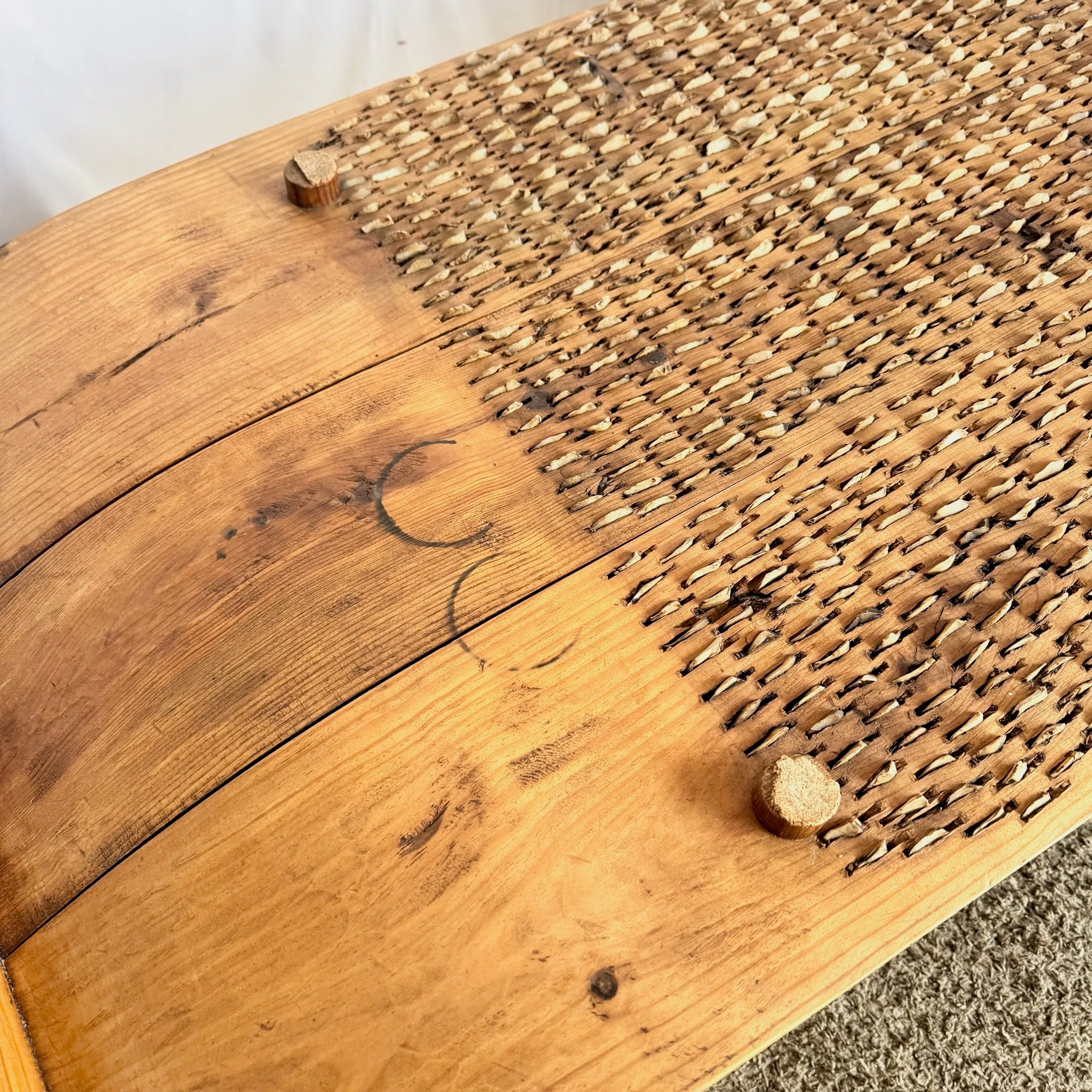 Antique Mediterranean Threshing Table/Coffee Table With Glass Top