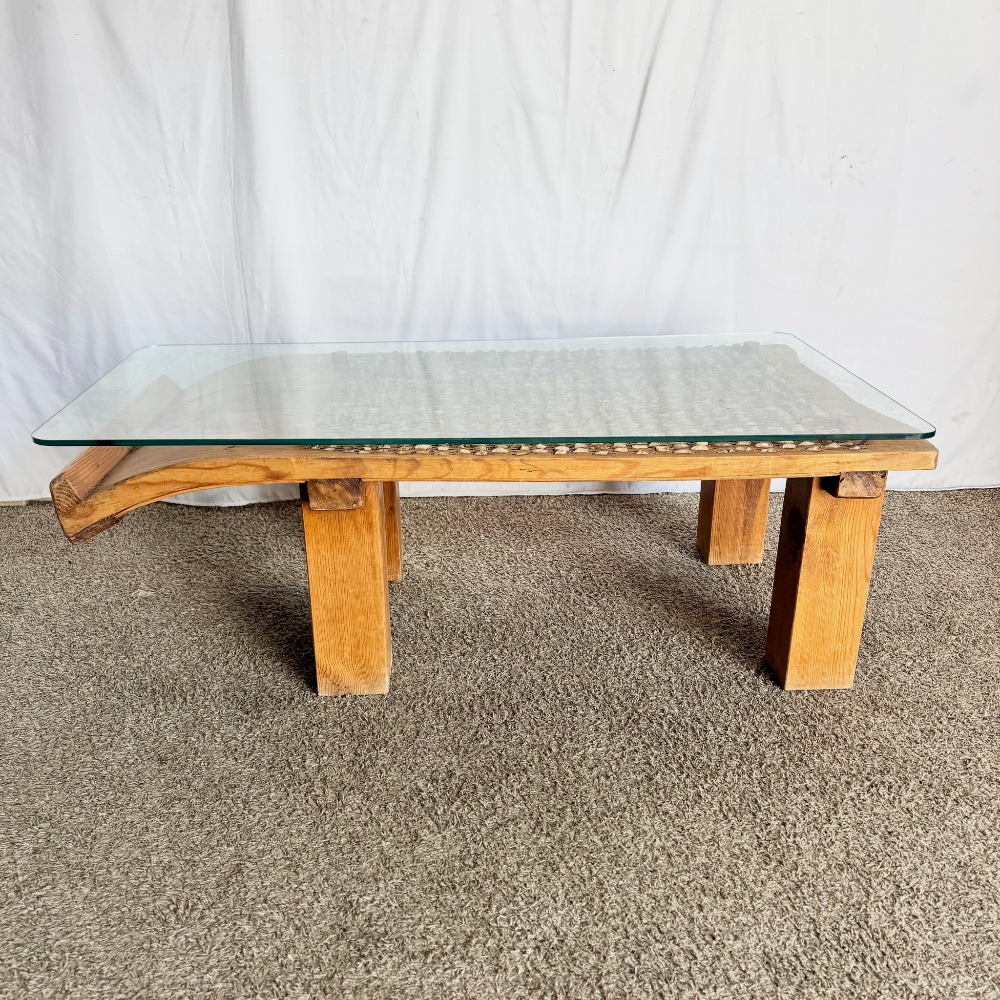 Antique Mediterranean Threshing Table/Coffee Table With Glass Top