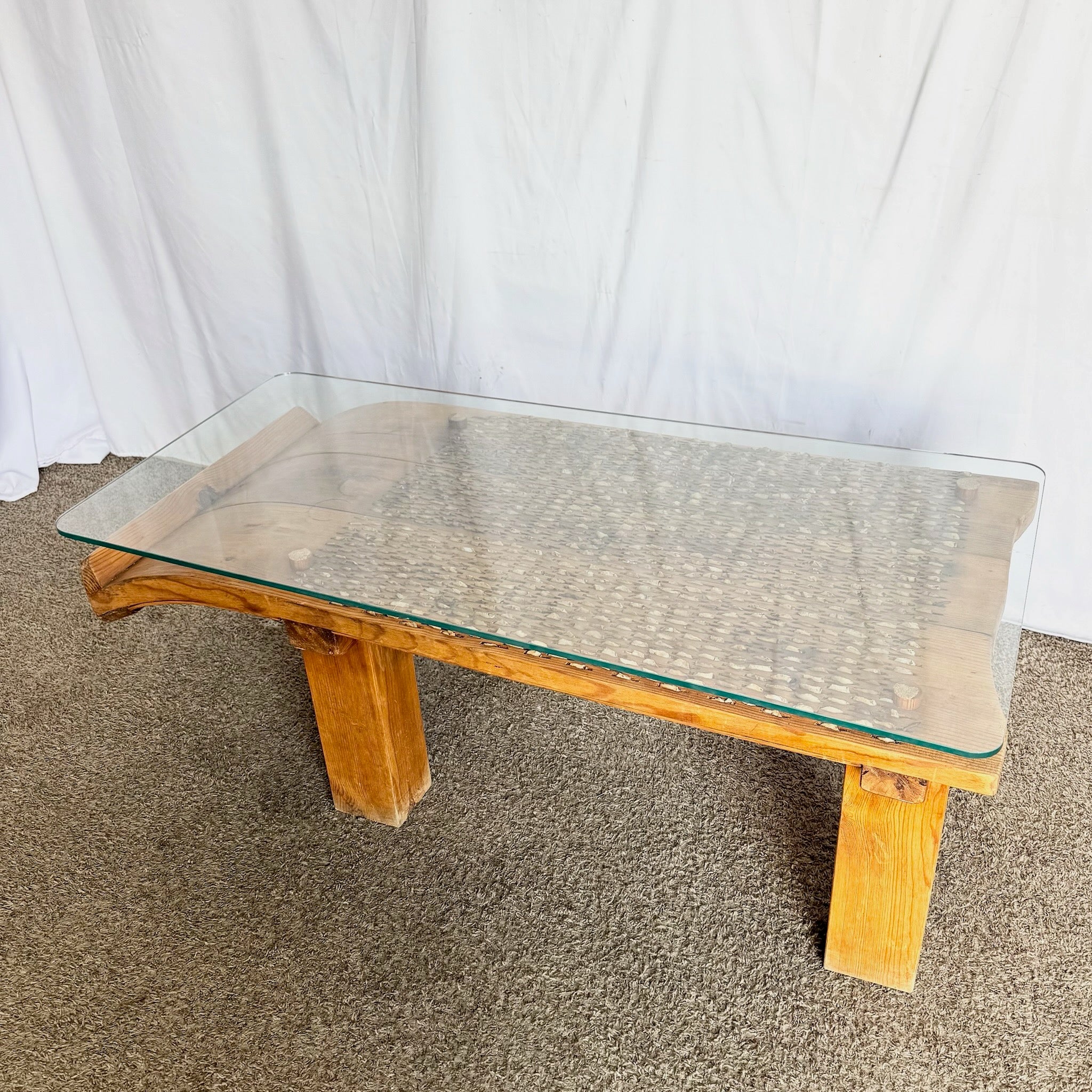 Antique Mediterranean Threshing Table/Coffee Table With Glass Top