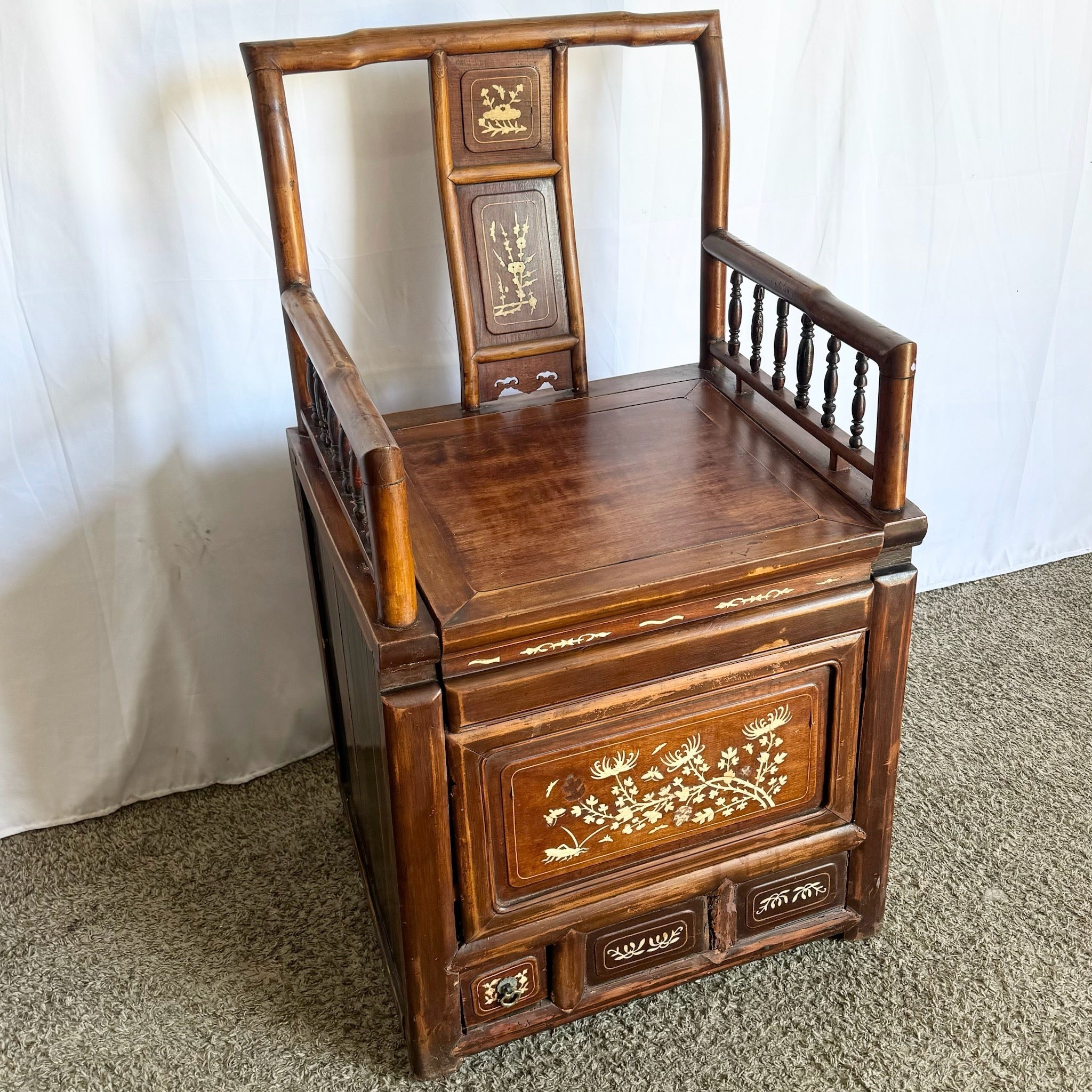 Antique Chinese Qing Dynasty Style Inlayed and Carved Storage Chair - Dolphin & Flamingo