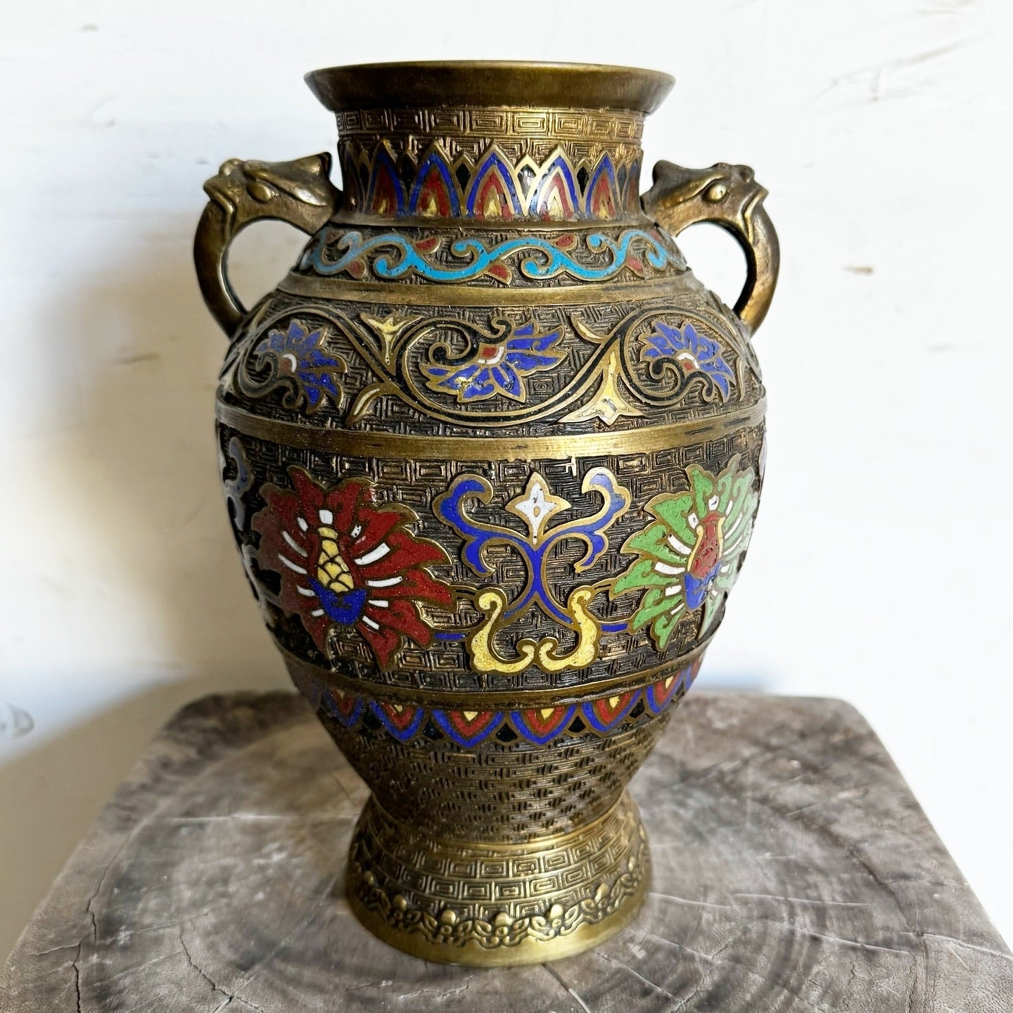 Antique Japanese Brass Enameled Chapleve Vase - Dolphin & Flamingo