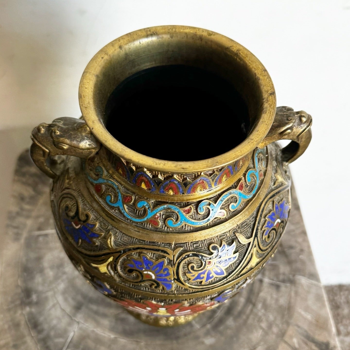 Antique Japanese Brass Enameled Chapleve Vase - Dolphin & Flamingo