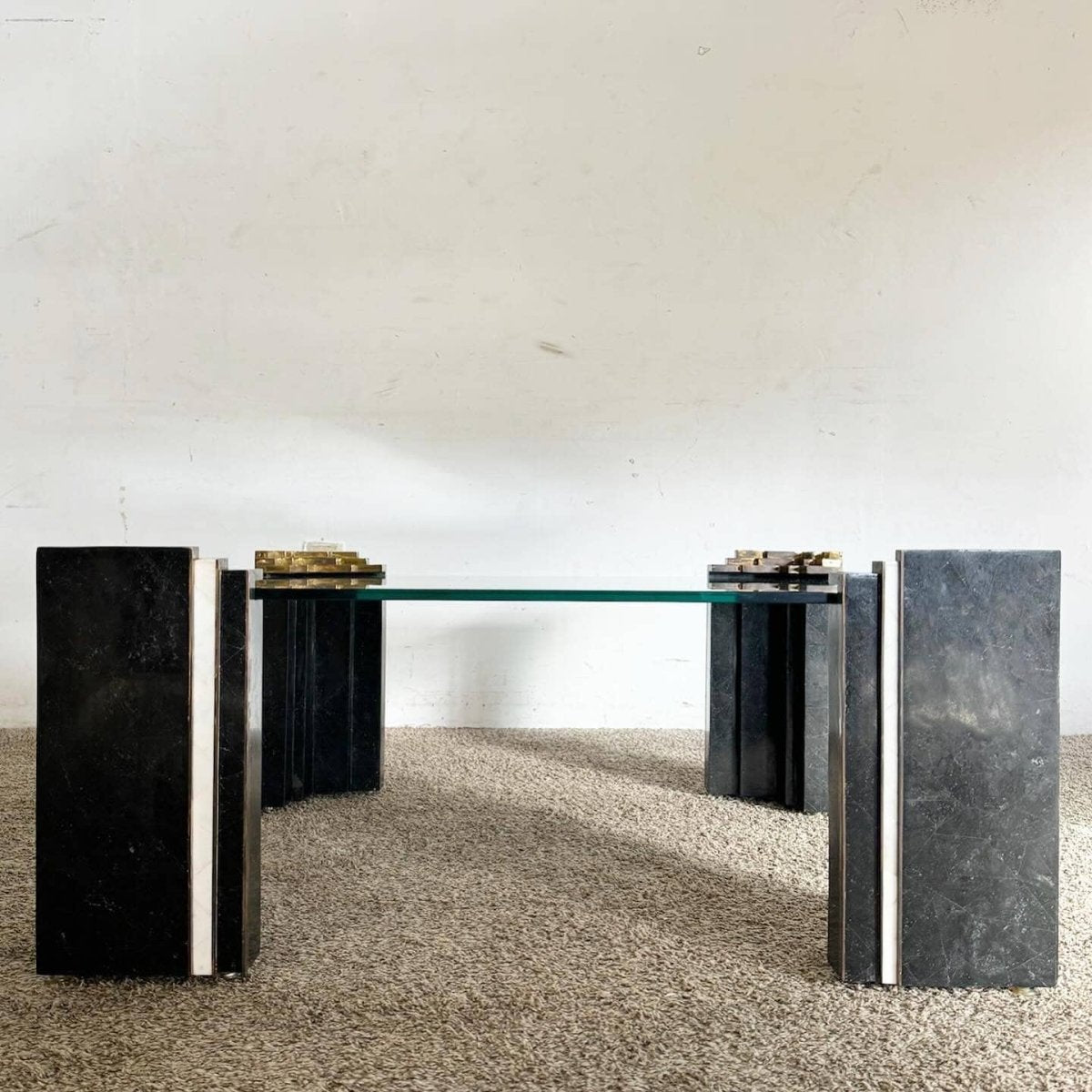 Art Deco Glass Tessellated Stone and Brass Glass Top Coffee Table - Dolphin & Flamingo