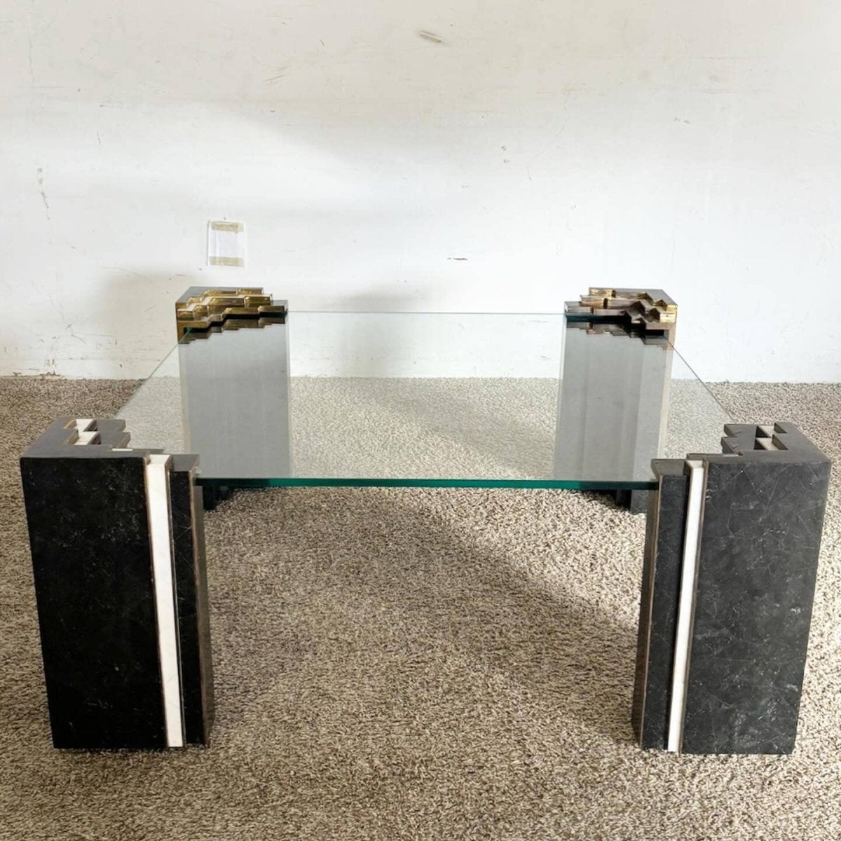 Art Deco Glass Tessellated Stone and Brass Glass Top Coffee Table - Dolphin & Flamingo