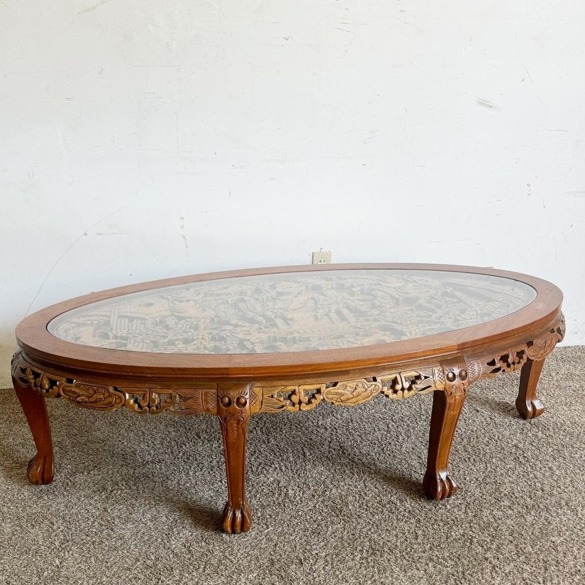 Asian Hand Carved Wooden Coffee Table With Glass Inlay - Dolphin & Flamingo