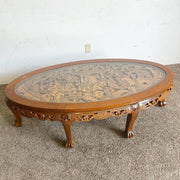 Asian Hand Carved Wooden Coffee Table With Glass Inlay - Dolphin & Flamingo
