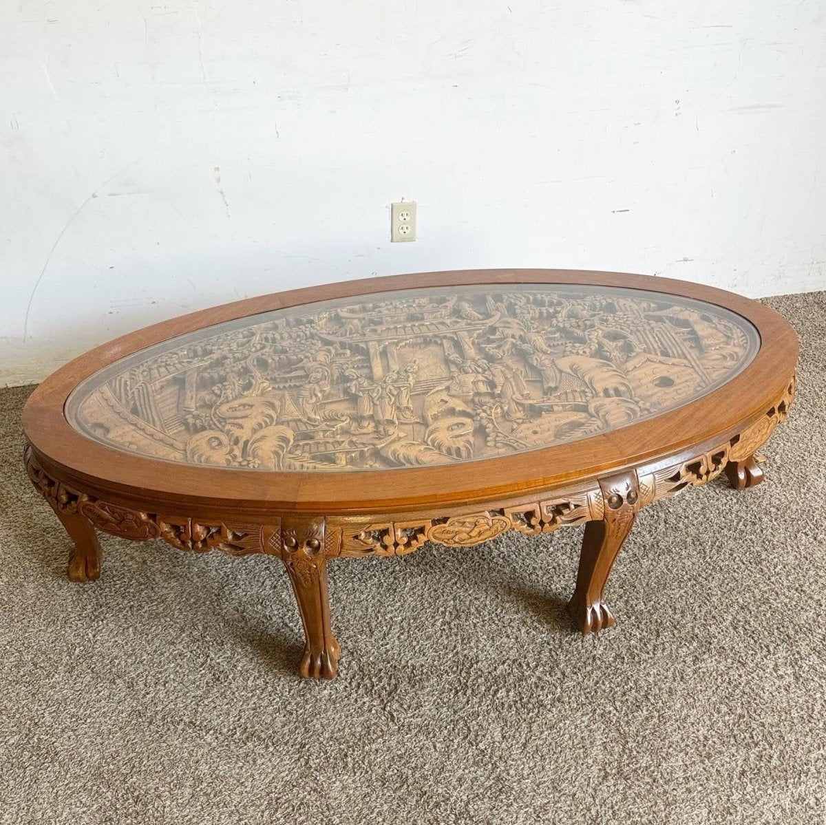 Asian Hand Carved Wooden Coffee Table With Glass Inlay - Dolphin & Flamingo