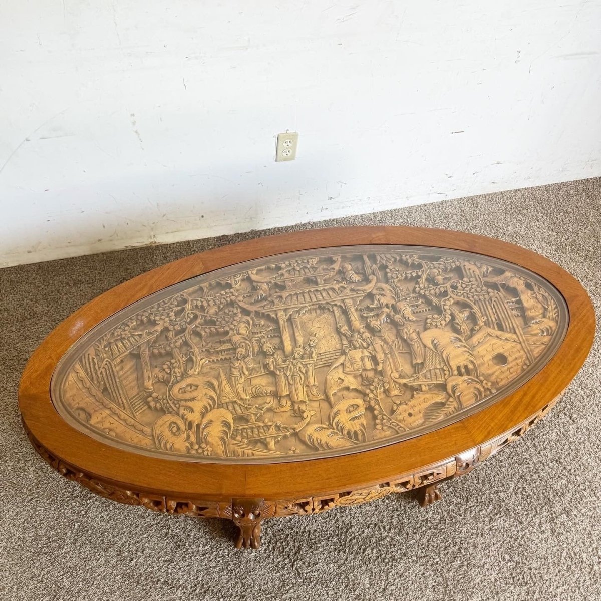 Asian Hand Carved Wooden Coffee Table With Glass Inlay - Dolphin & Flamingo