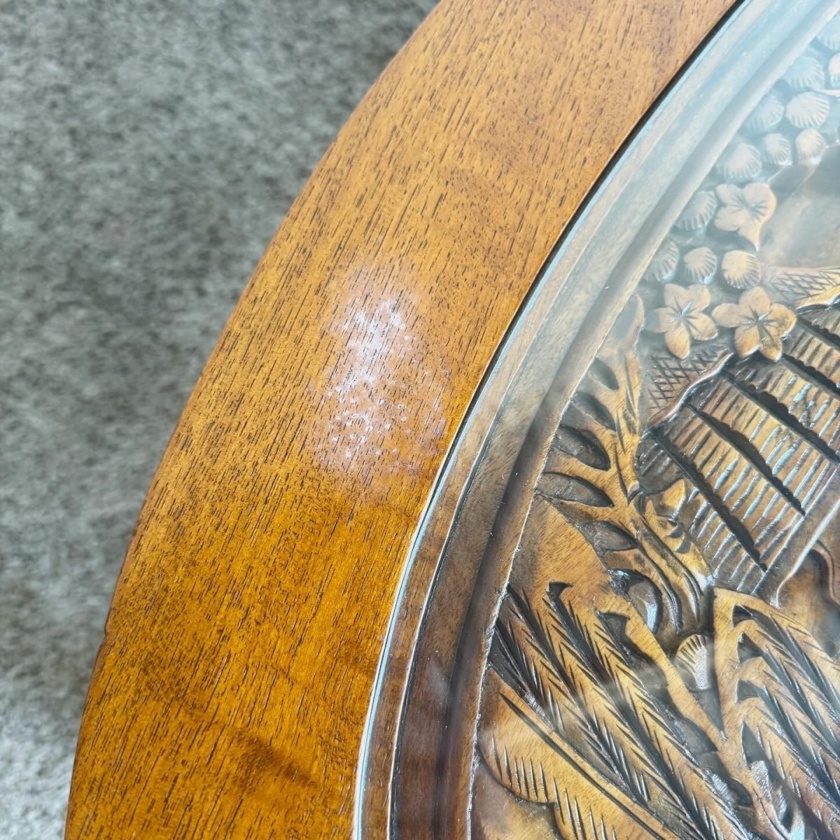 Asian Hand Carved Wooden Coffee Table With Glass Inlay - Dolphin & Flamingo