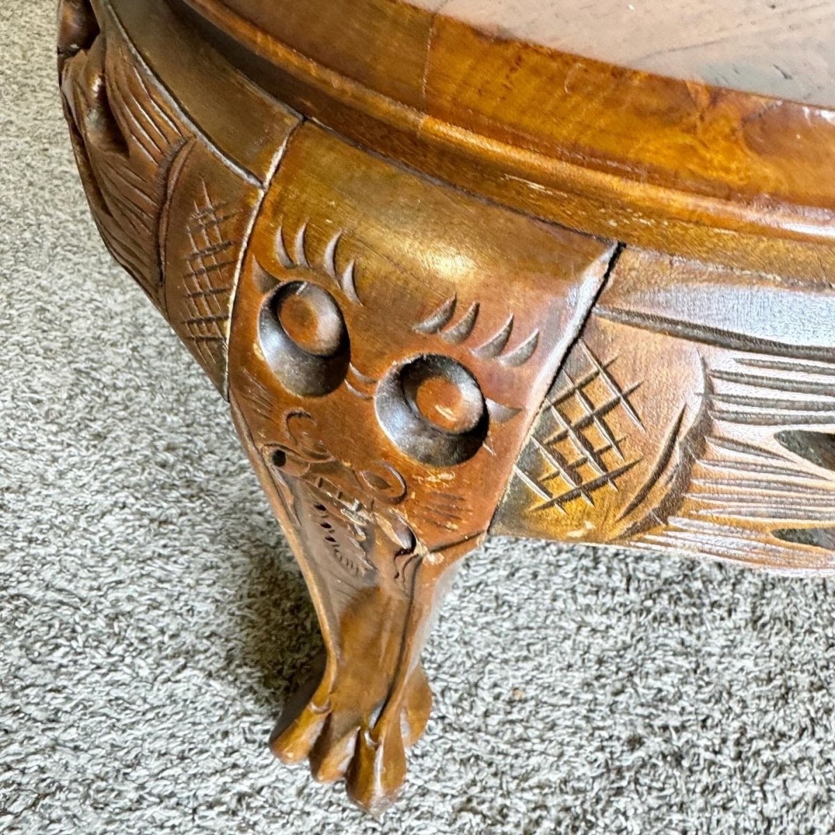 Asian Hand Carved Wooden Coffee Table With Glass Inlay - Dolphin & Flamingo