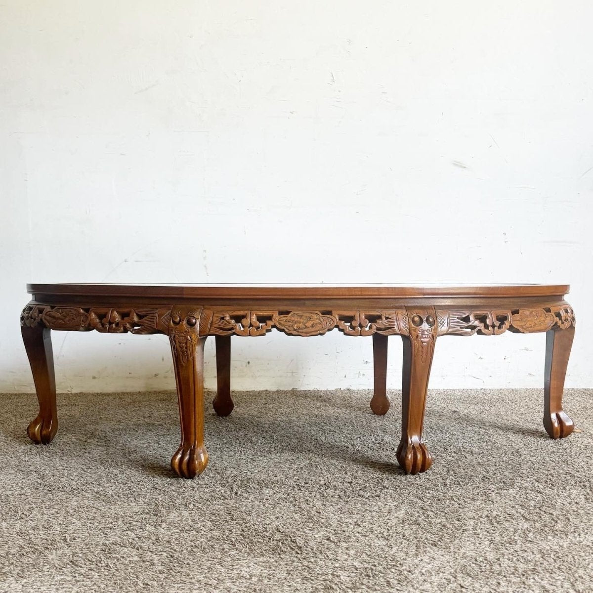 Asian Hand Carved Wooden Coffee Table With Glass Inlay - Dolphin & Flamingo