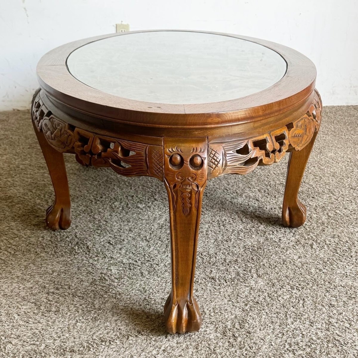 Asian Hand Carved Wooden Coffee Table With Glass Inlay - Dolphin & Flamingo