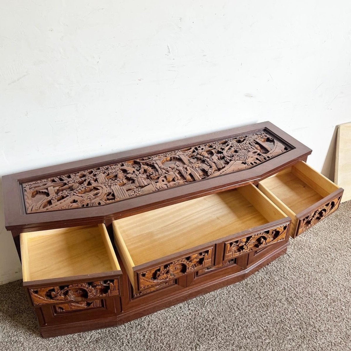 Asian Wooden Hand Carved Credenza - Dolphin & Flamingo