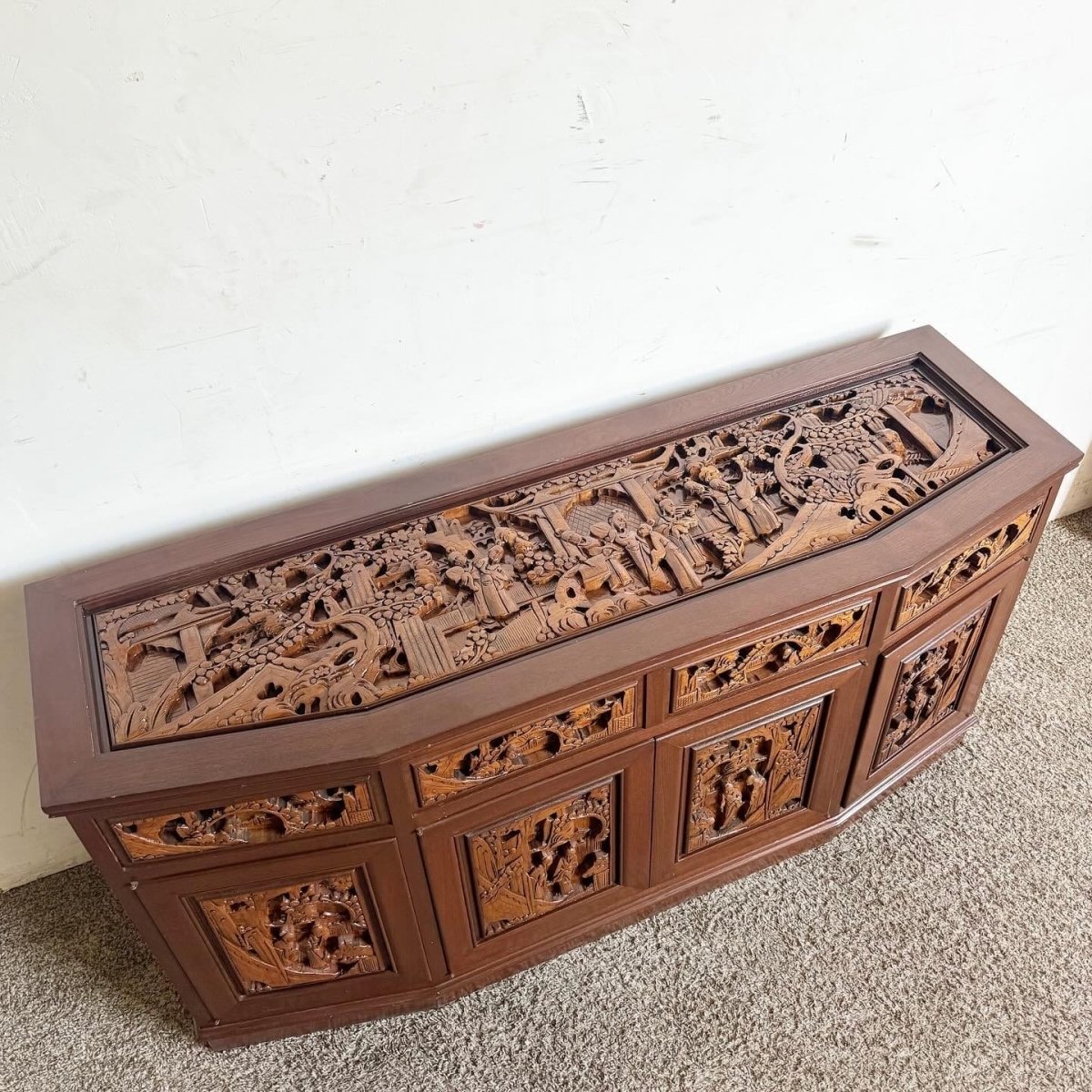 Asian Wooden Hand Carved Credenza - Dolphin & Flamingo