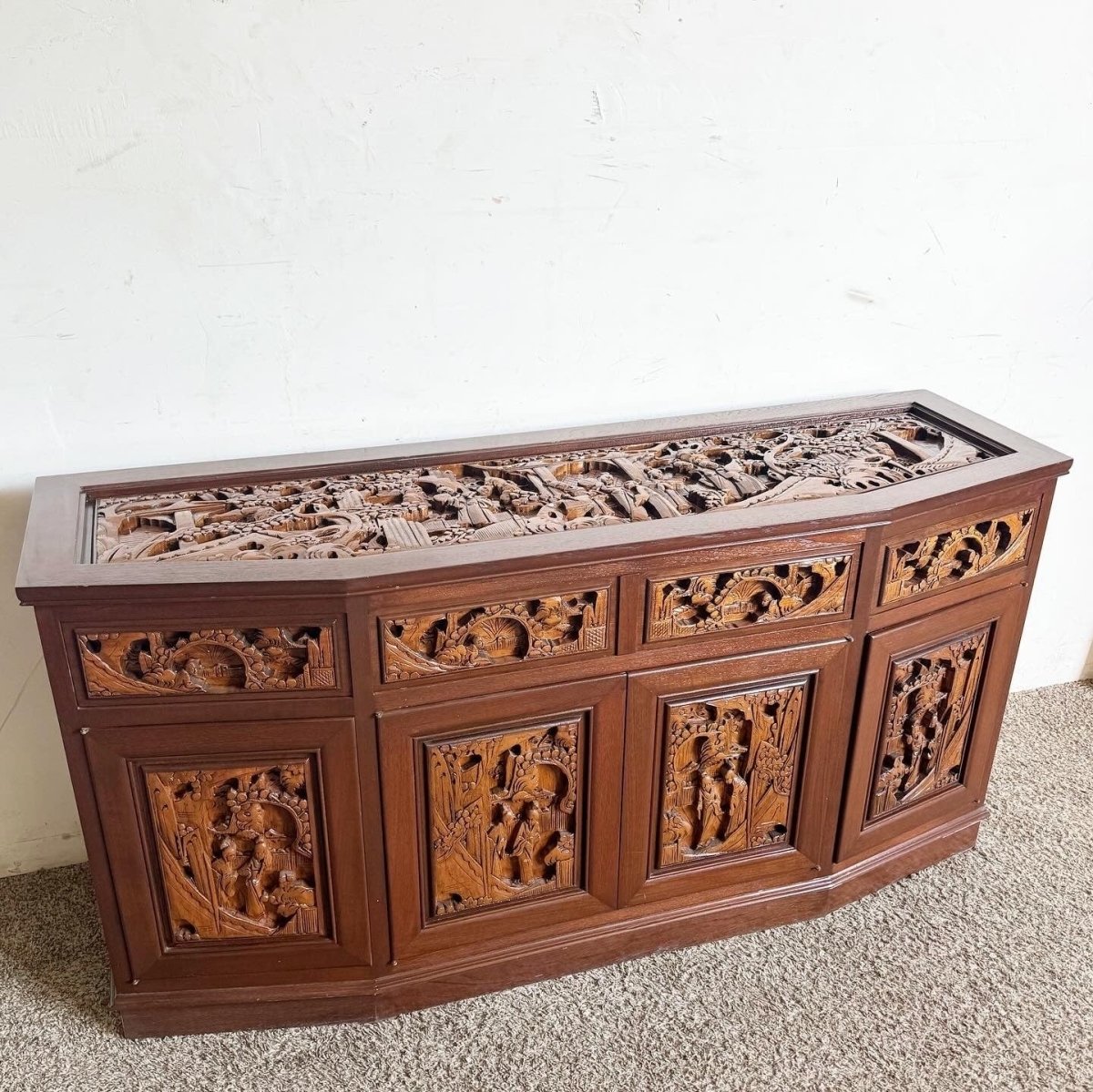 Asian Wooden Hand Carved Credenza - Dolphin & Flamingo