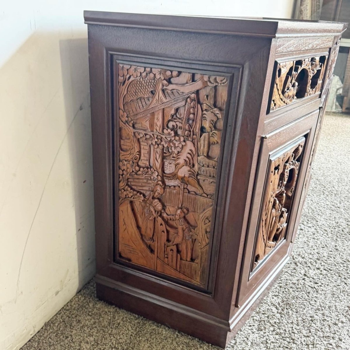 Asian Wooden Hand Carved Credenza - Dolphin & Flamingo