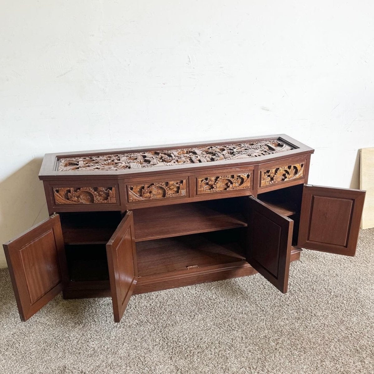 Asian Wooden Hand Carved Credenza - Dolphin & Flamingo