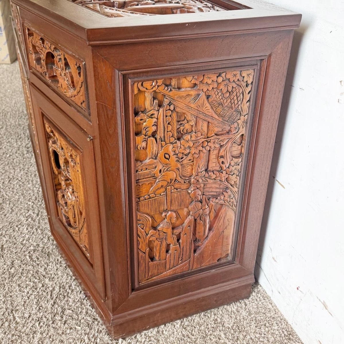 Asian Wooden Hand Carved Credenza - Dolphin & Flamingo