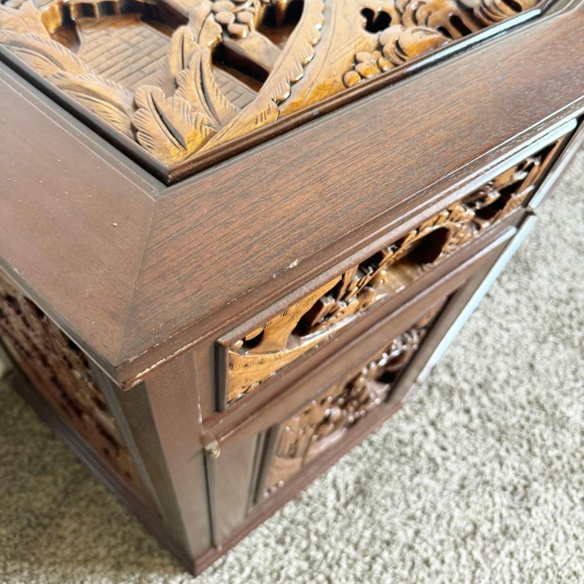 Asian Wooden Hand Carved Credenza - Dolphin & Flamingo
