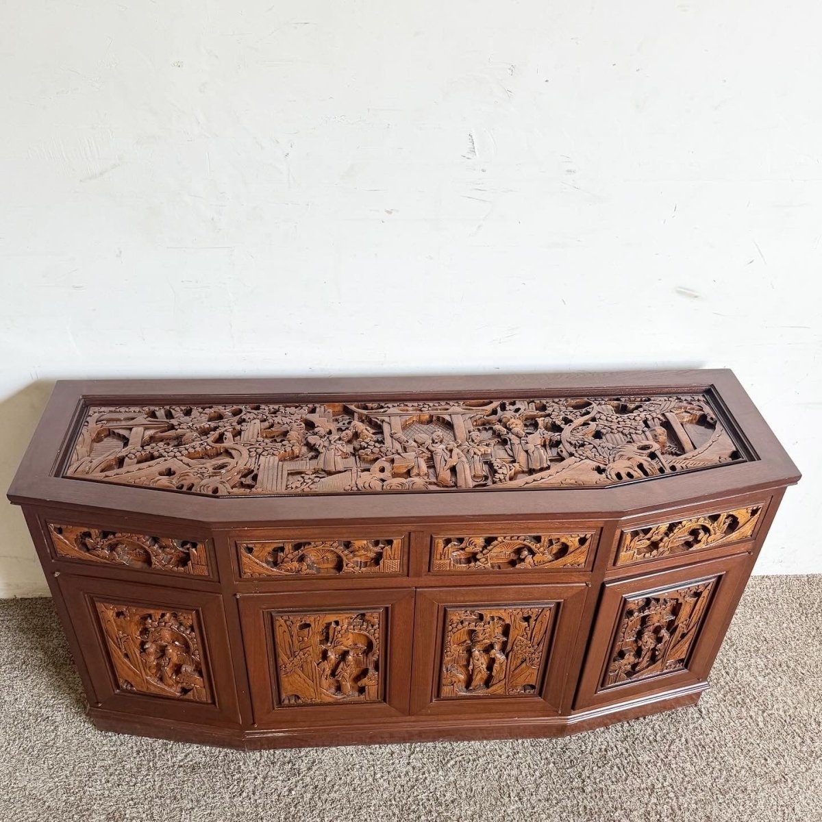 Asian Wooden Hand Carved Credenza - Dolphin & Flamingo